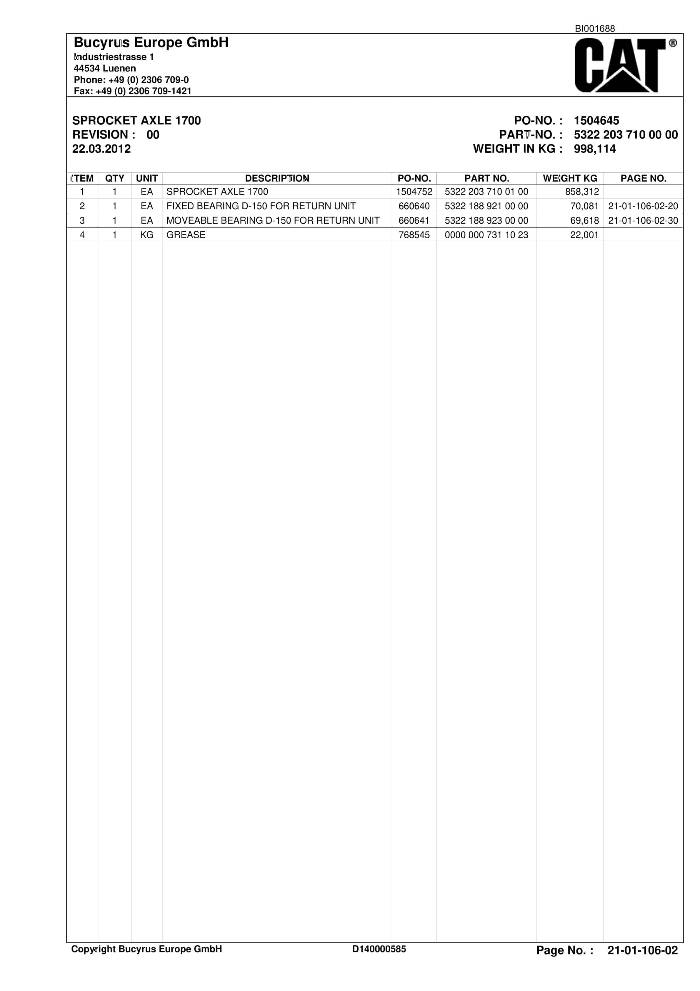 Caterpillar BMA, Shearer System Parts Catalog BI001688-2