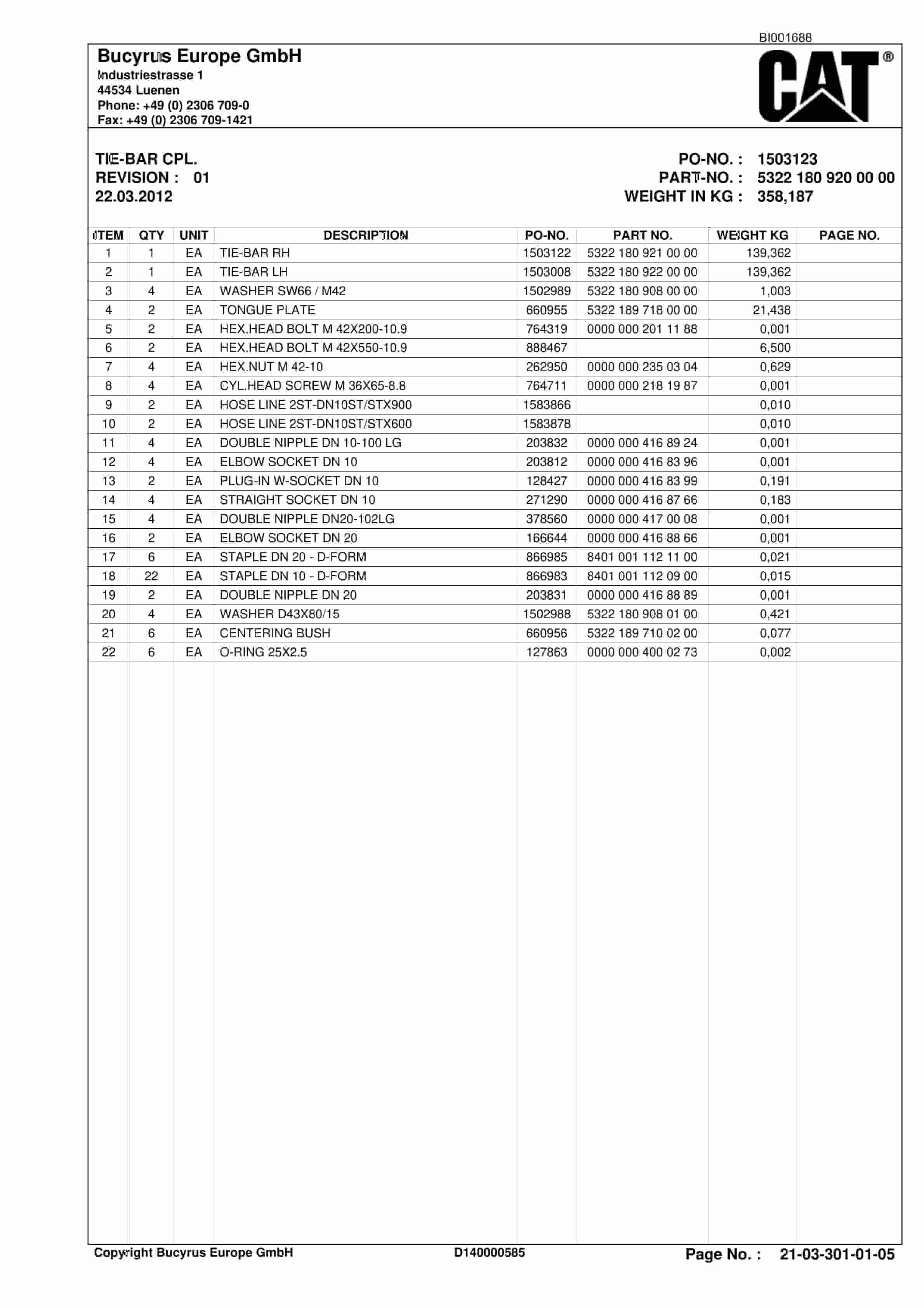 Caterpillar BMA, Shearer System Parts Catalog BI001688-3