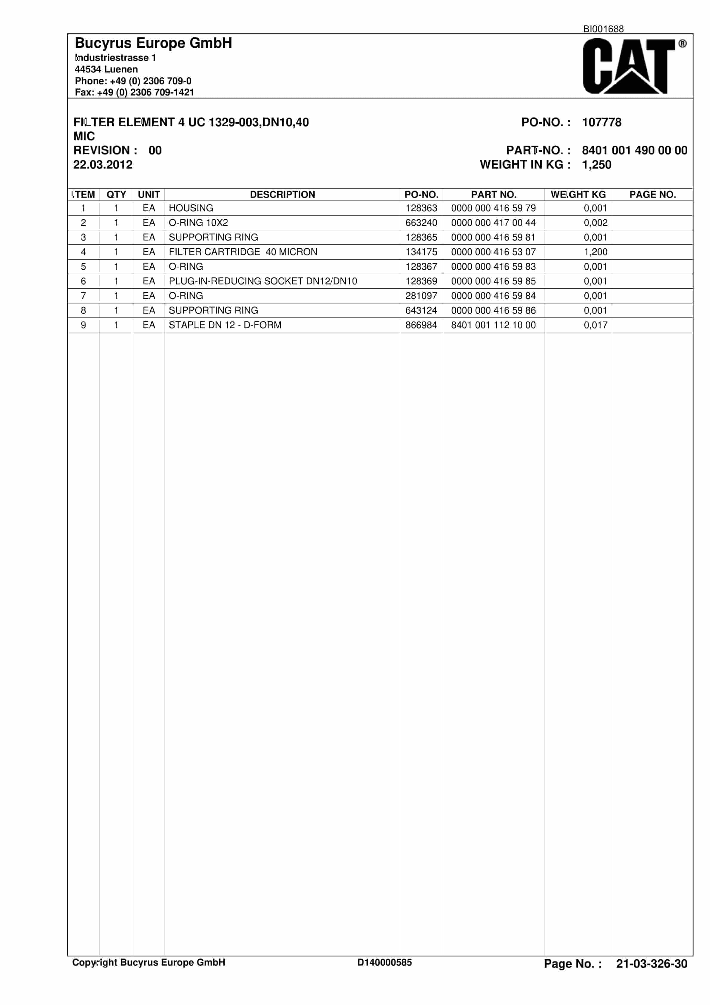 Caterpillar BMA, Shearer System Parts Catalog BI001688-5