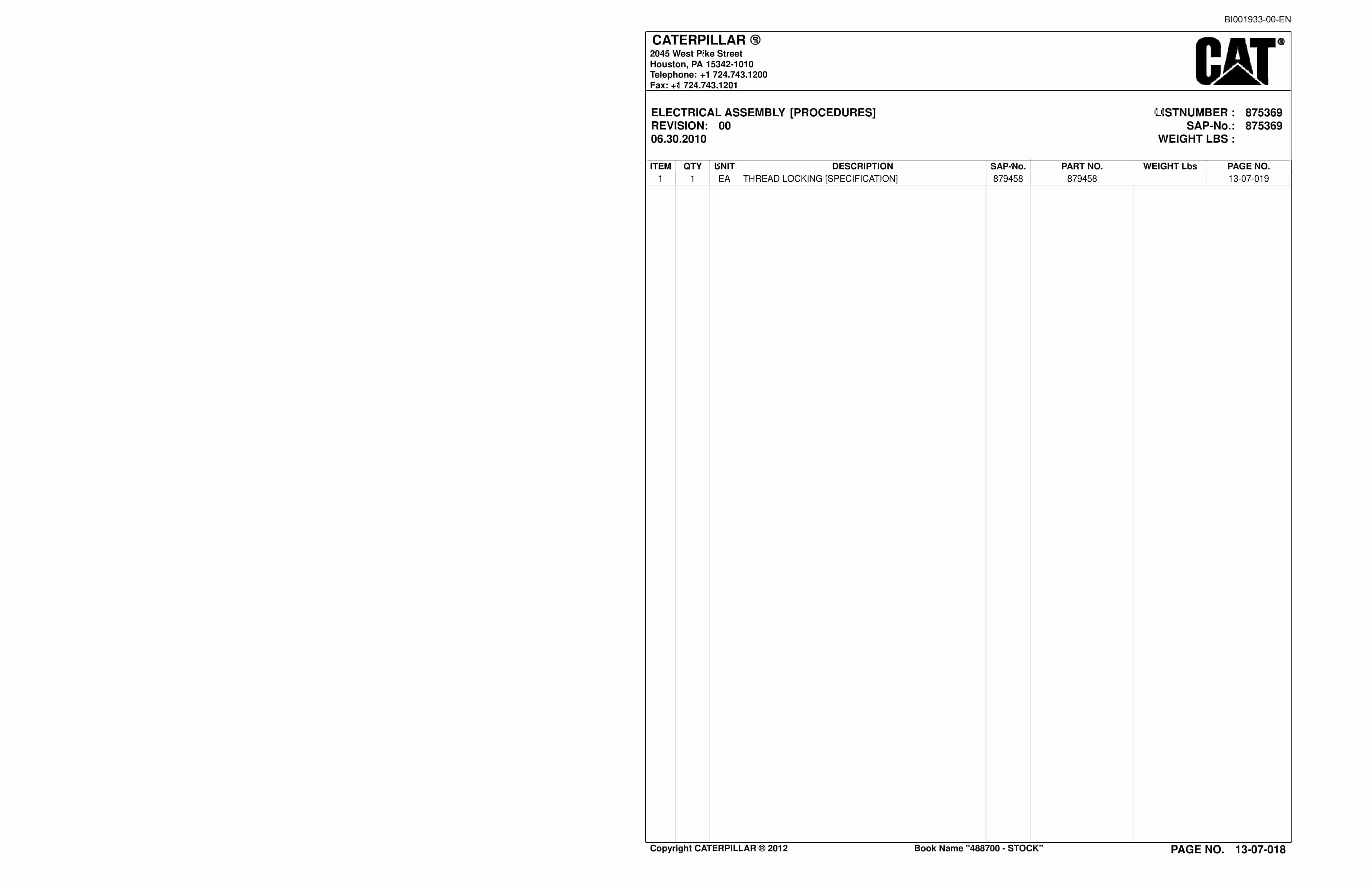 Caterpillar CM220 Continuous Miner Parts Manual BI001933-4