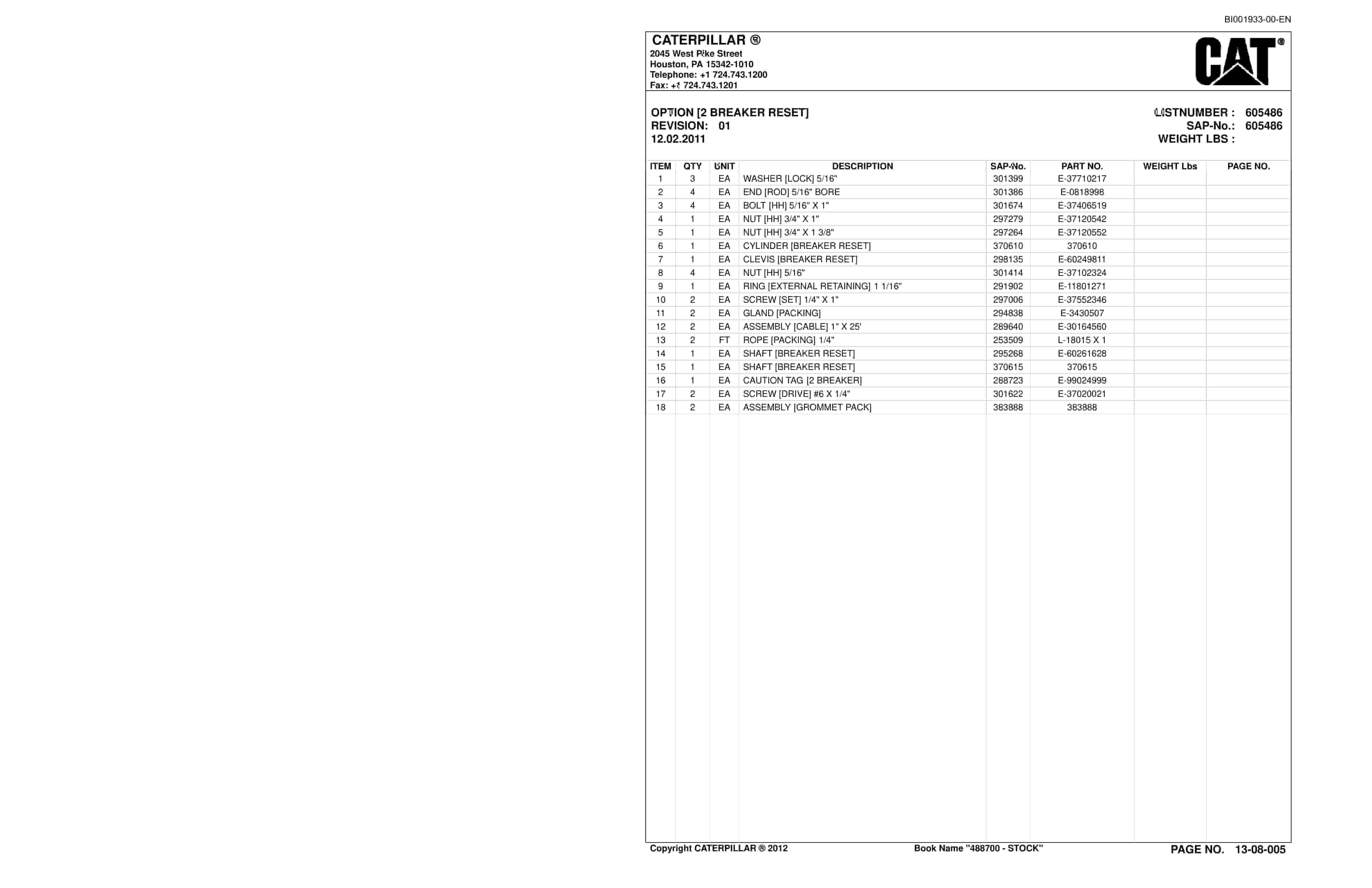 Caterpillar CM220 Continuous Miner Parts Manual BI001933-5