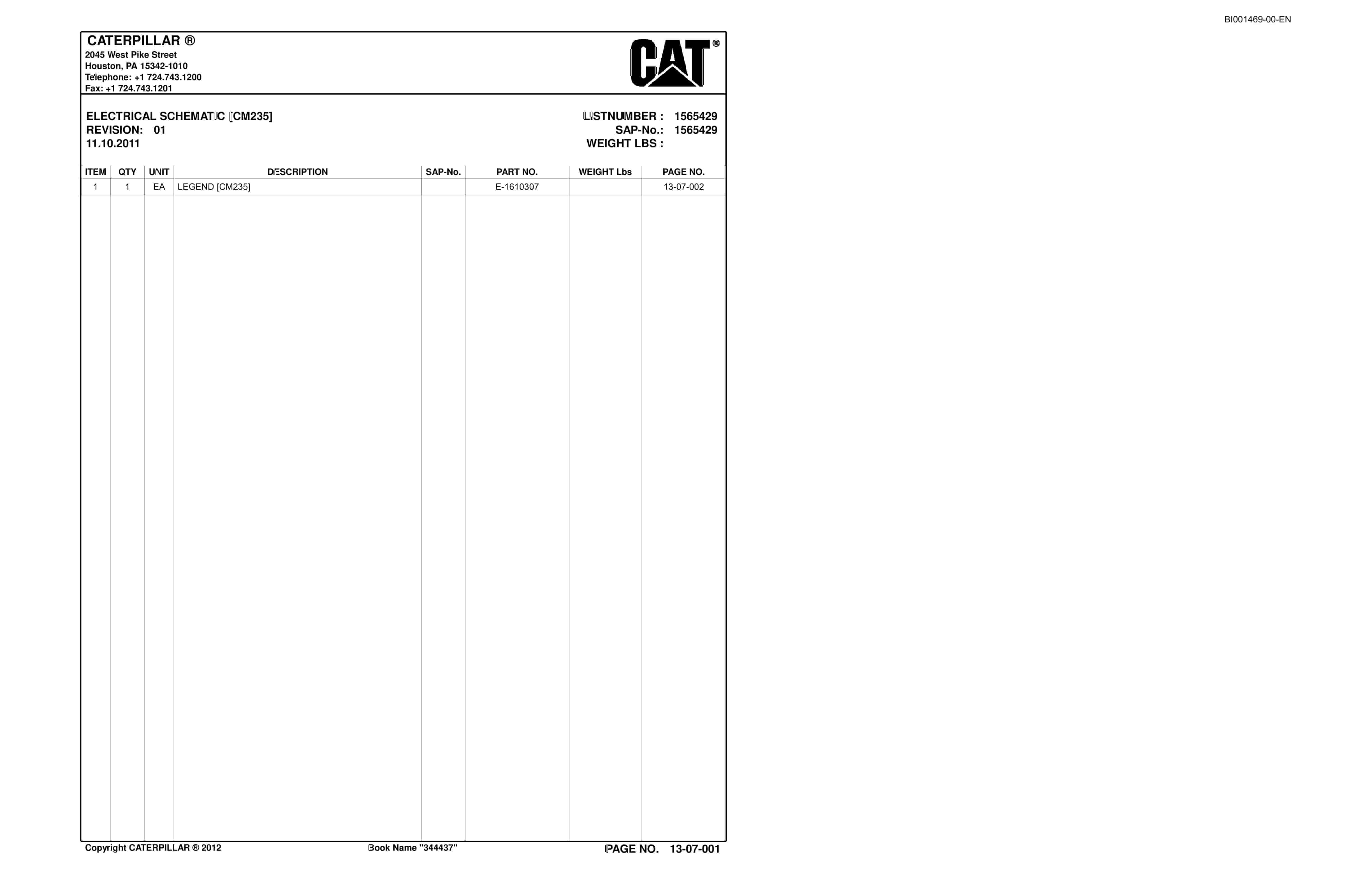 Caterpillar CM235 Continuous Miner Parts Catalog BI001469-3