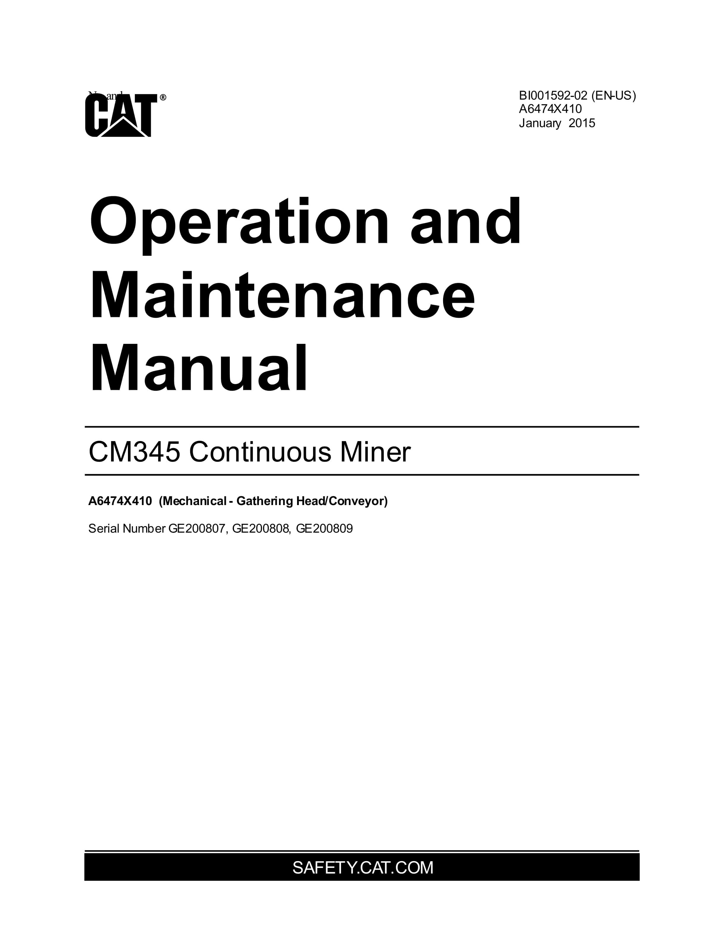 Caterpillar CM345 Continuous Miner Operation And Maintenance Manual BI001592-02