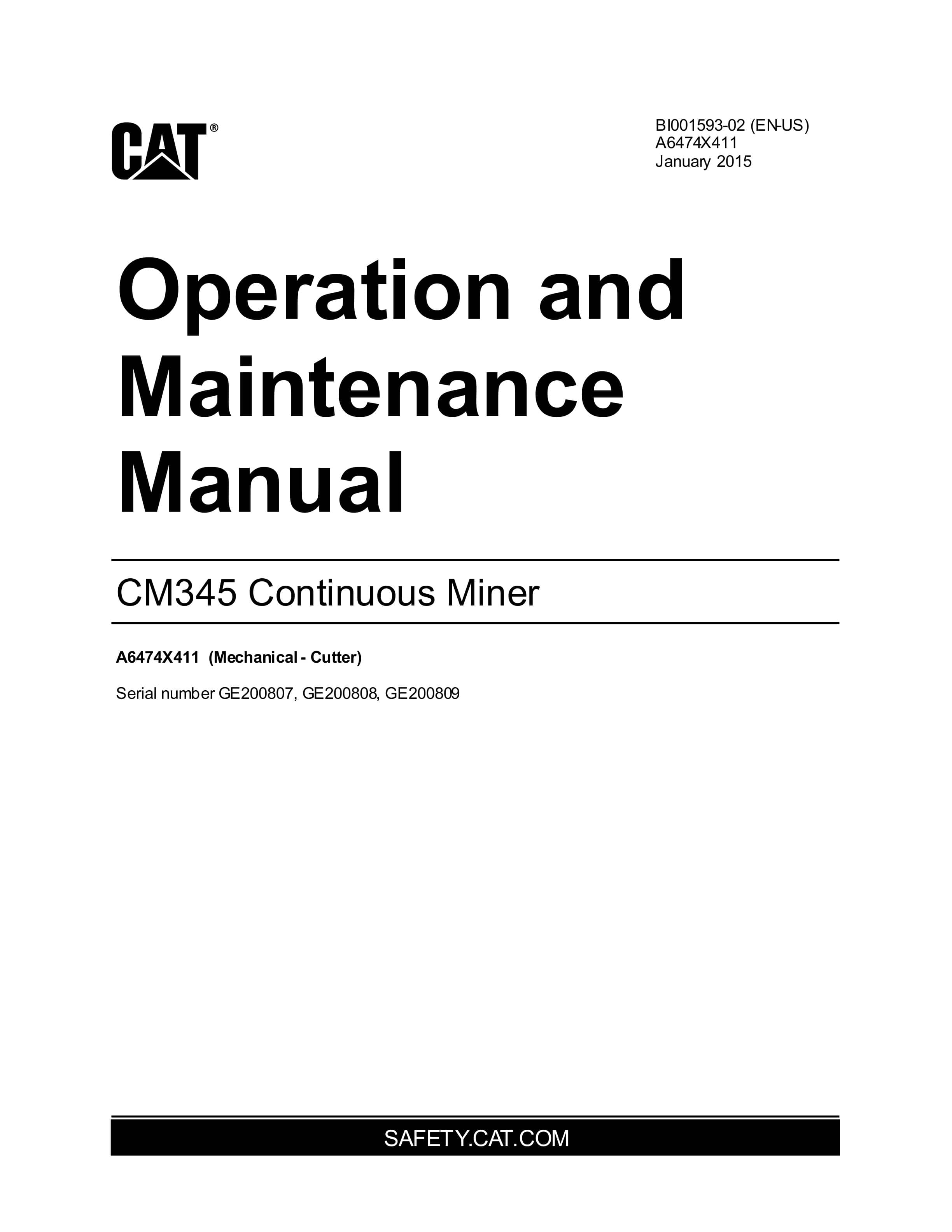 Caterpillar CM345 Continuous Miner Operation And Maintenance Manual BI001593-02