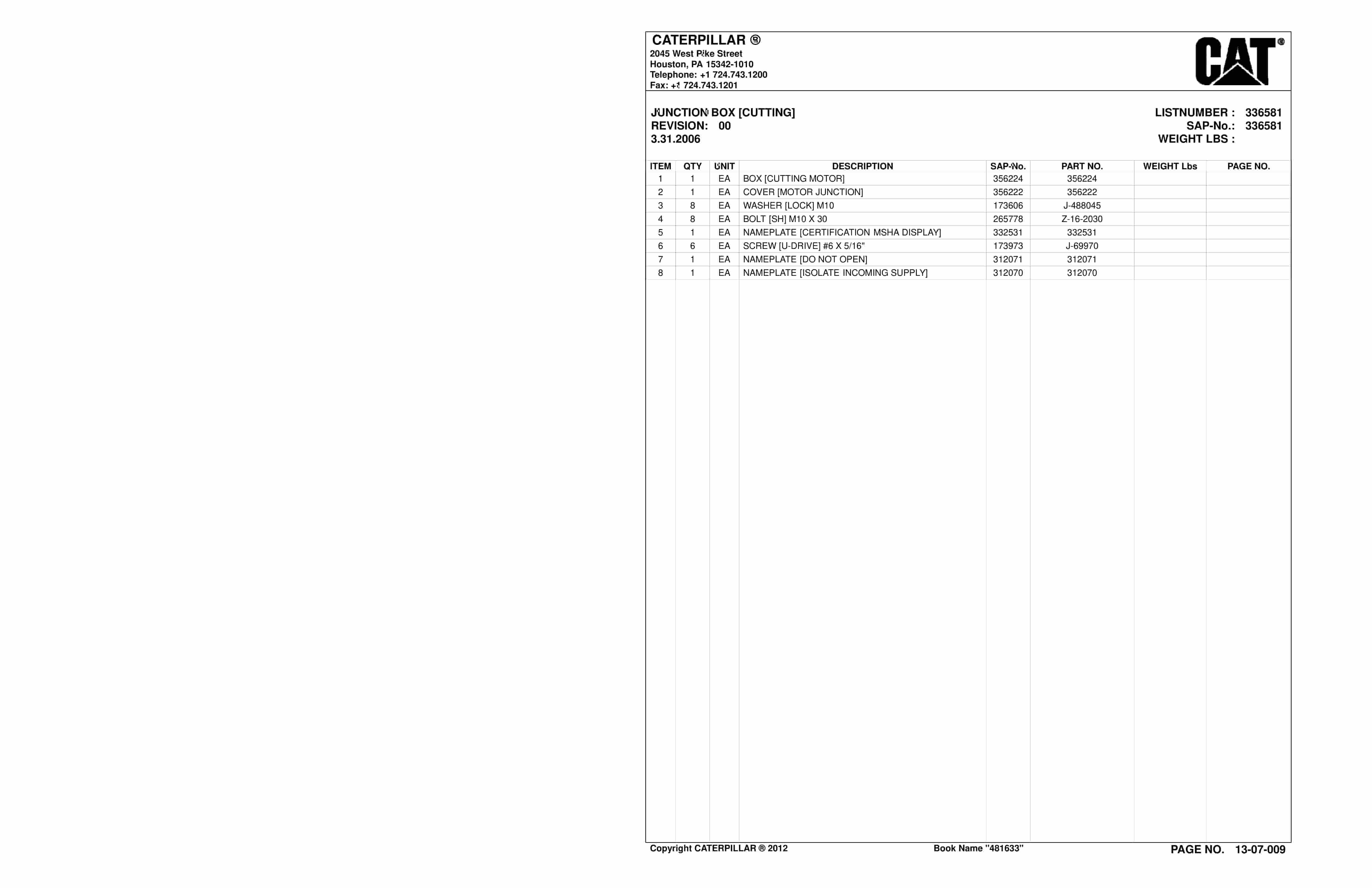 Caterpillar CM445 Continuous Miner Parts Manual BI001531-4