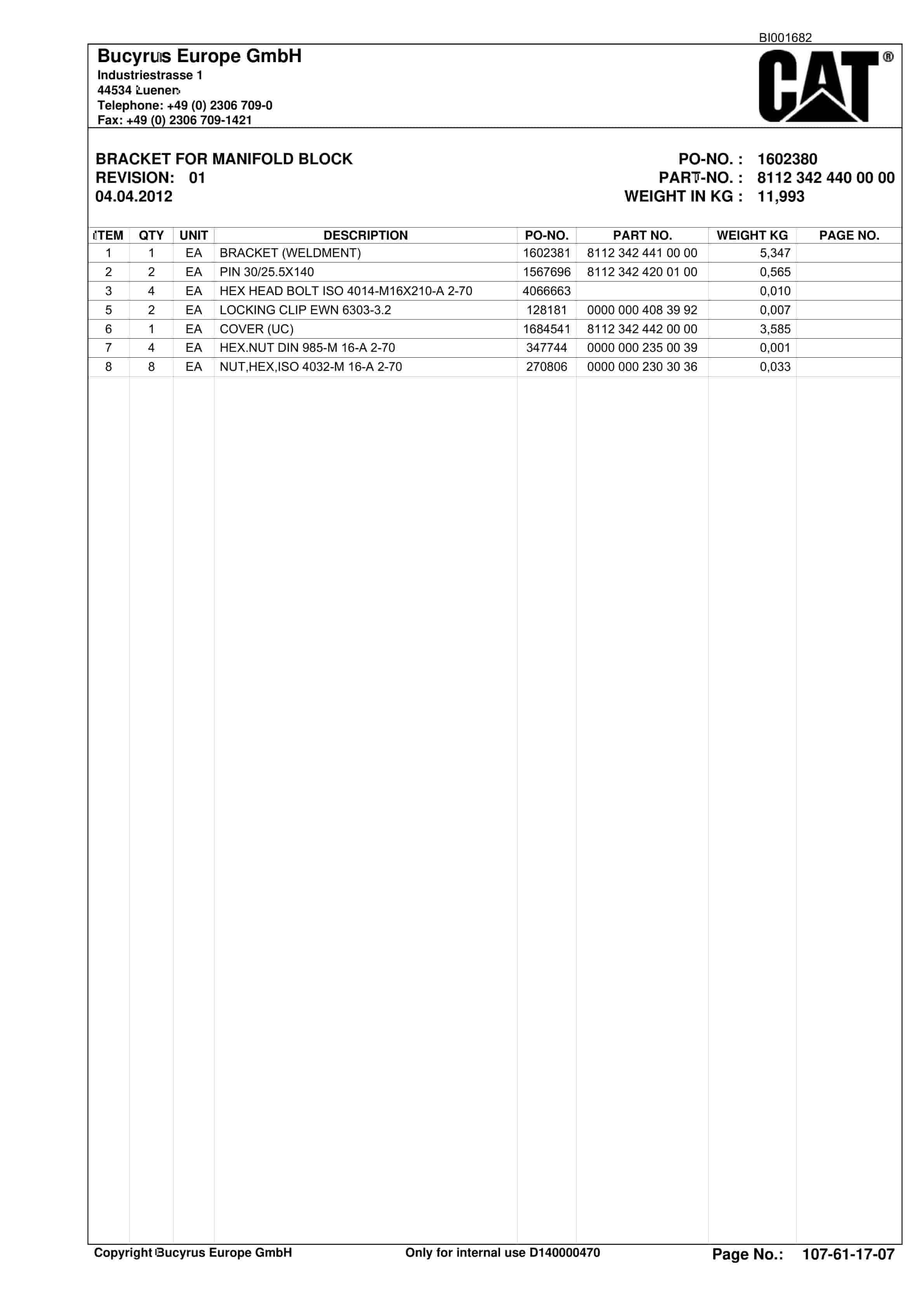 Caterpillar Gauge Port Fitting DN10 Parts Catalog BI001682-2