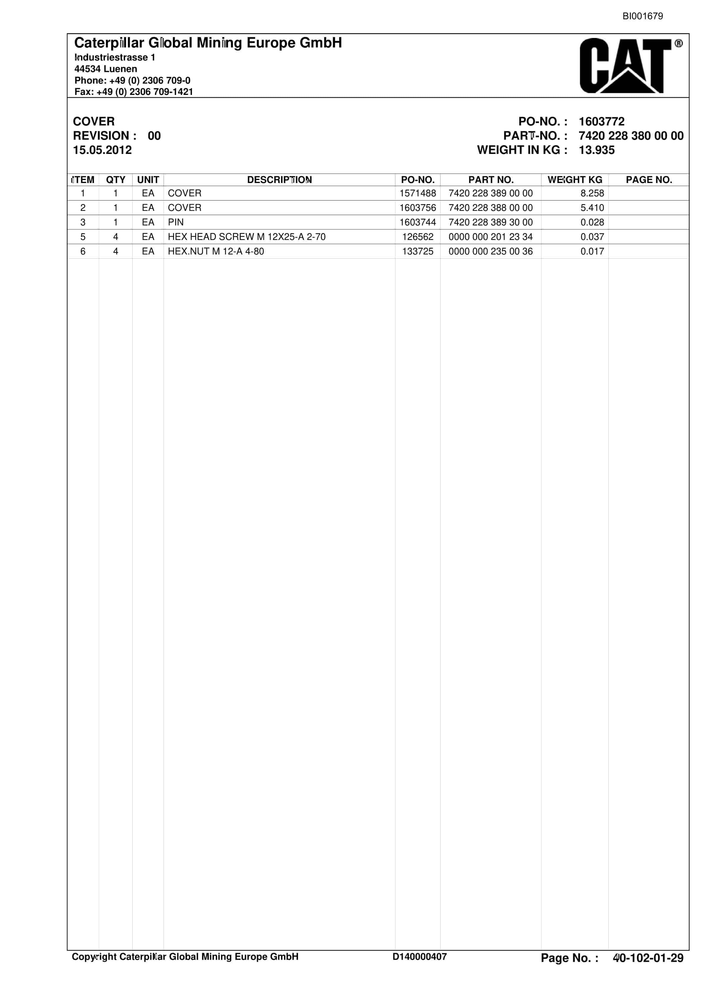 Caterpillar Kestrel Roof Support And Accessories Parts Catalog BI001679 2 Caterpillar Kestrel Roof Support And Accessories Parts Catalog BI001679-2