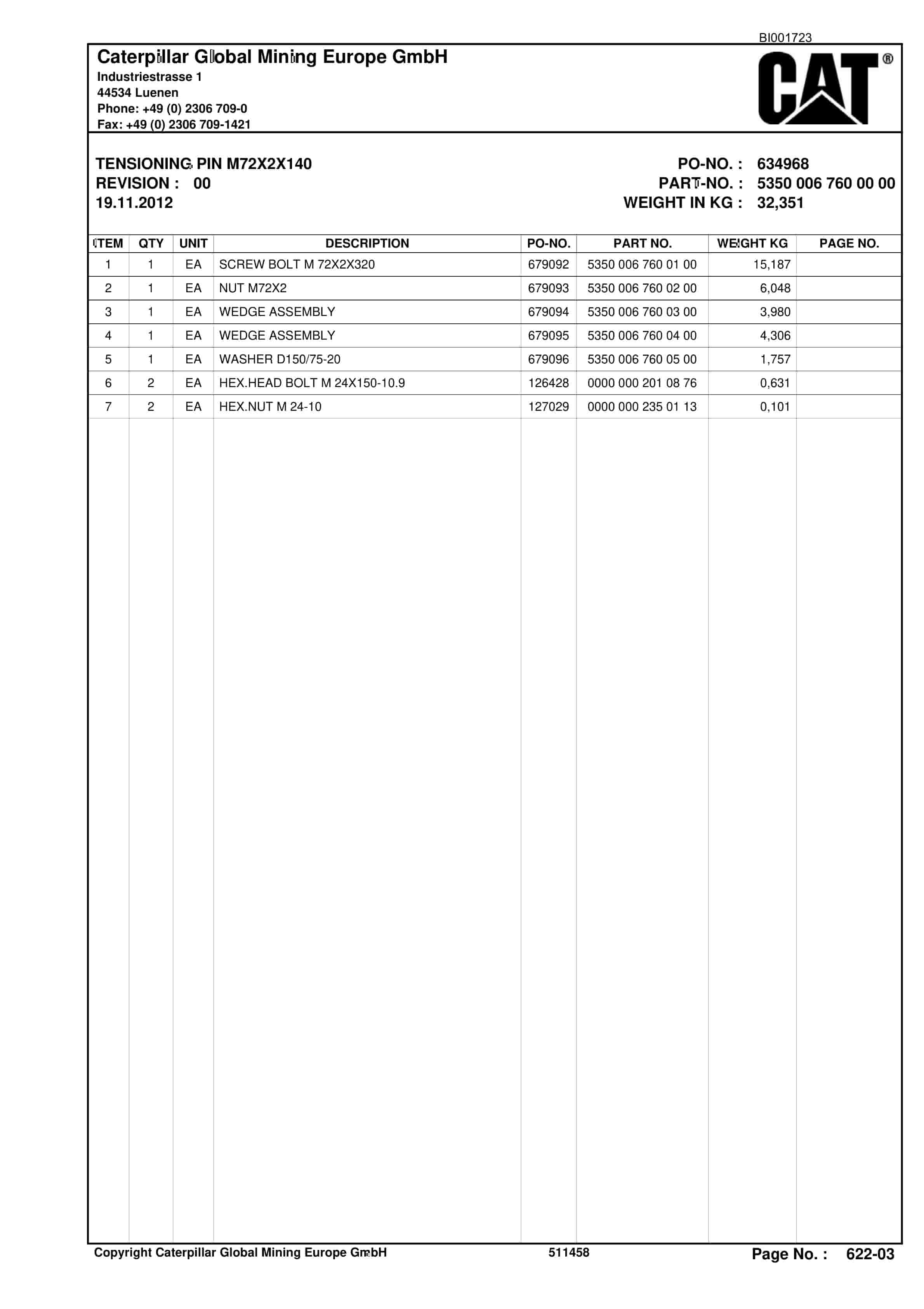 Caterpillar S-BSL Parts Manual BI001723-2