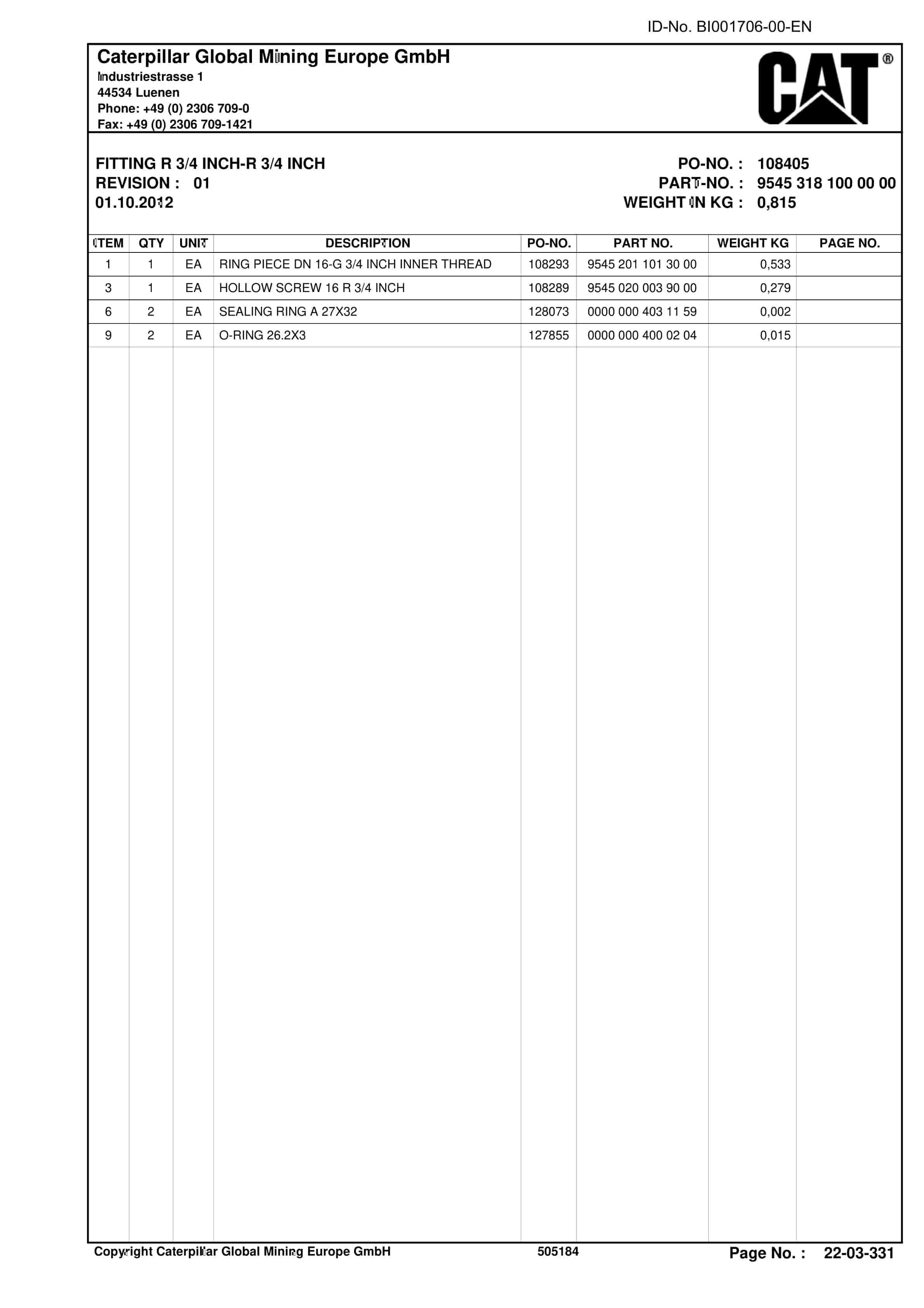 Caterpillar Shearer System Parts Manual BI001706-00-EN-3