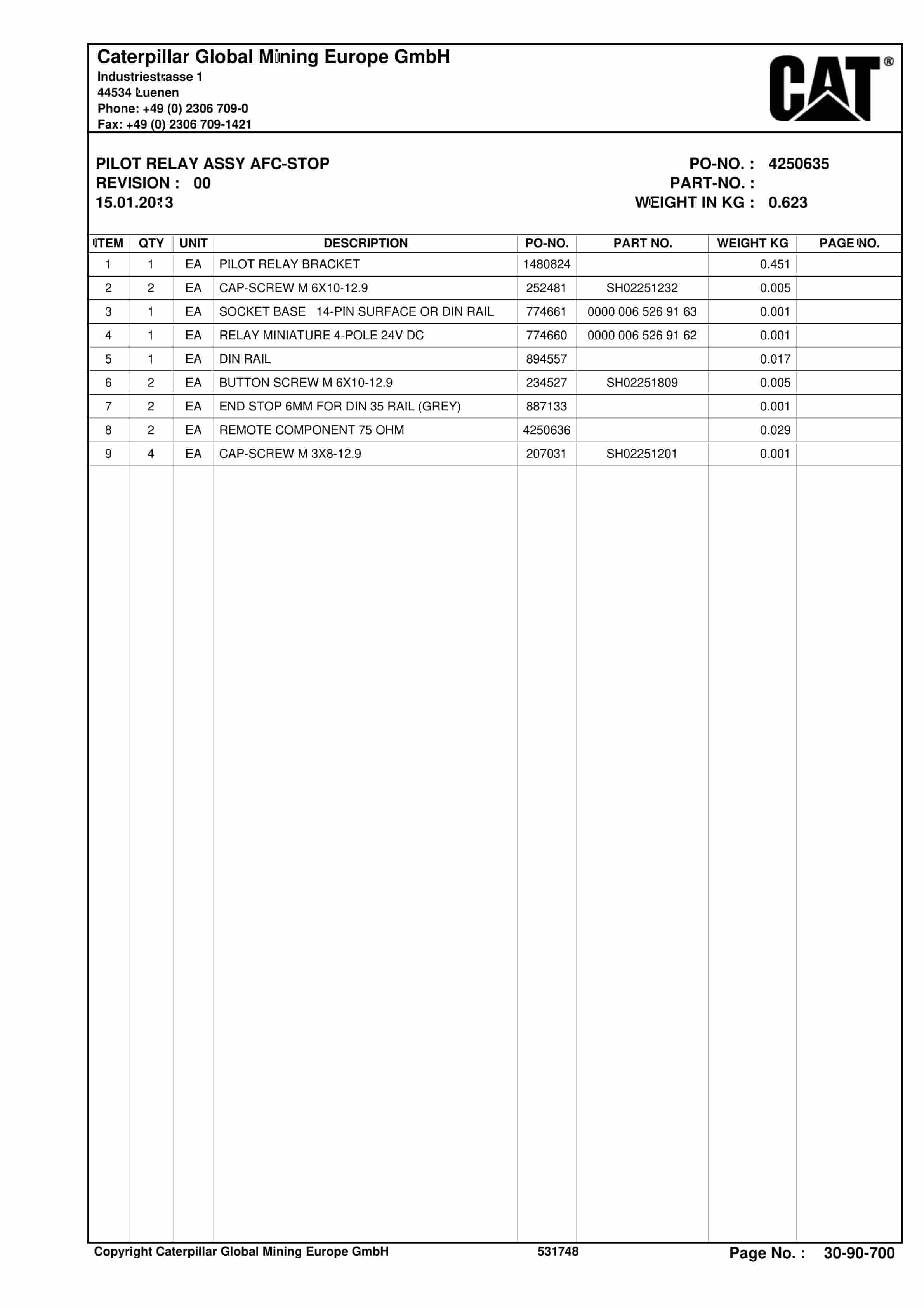 Caterpillar Shearer System Spare Parts List 0011 085 000 00 00-3