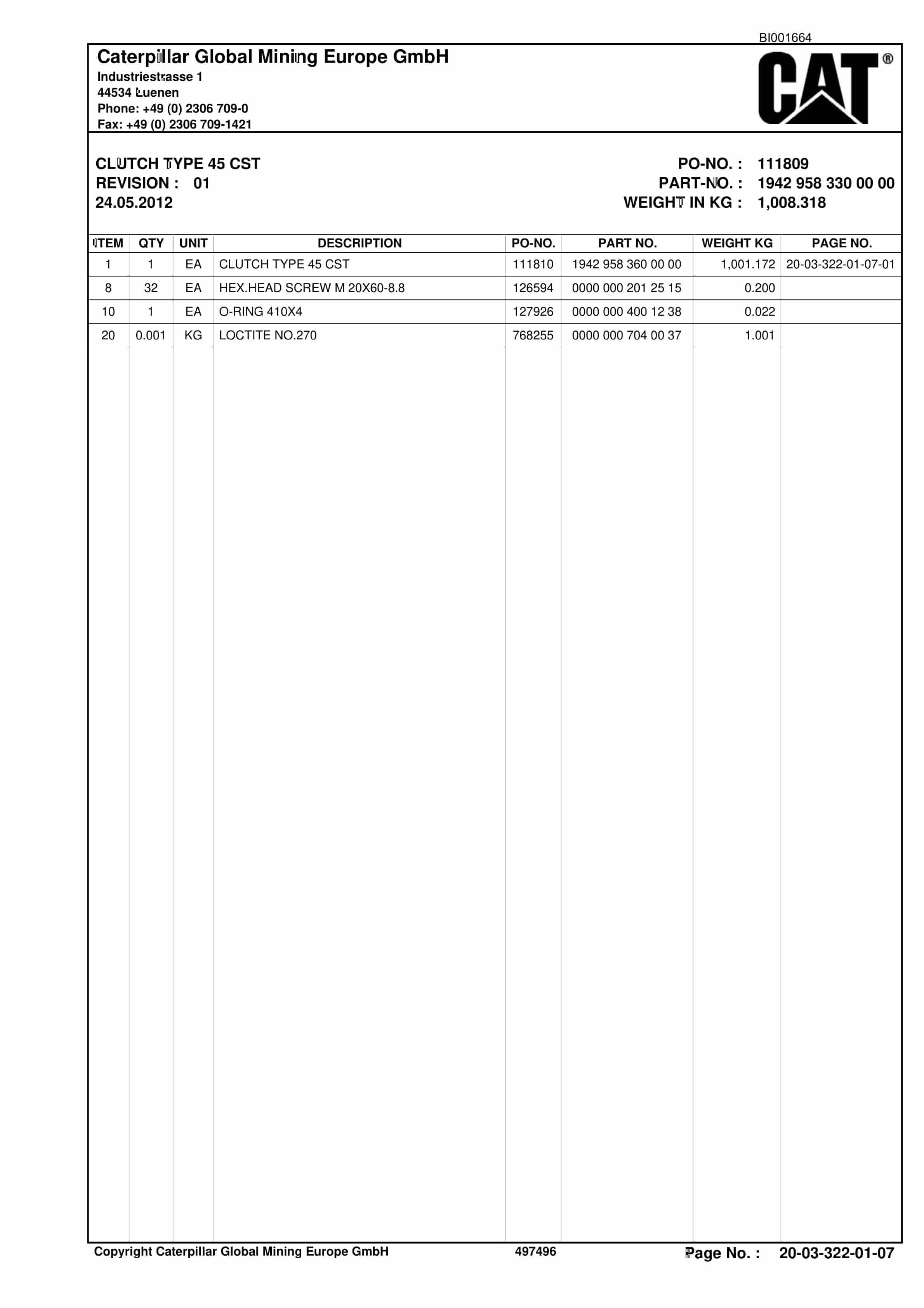 Caterpillar Shearer System Spare Parts List BI001664-2