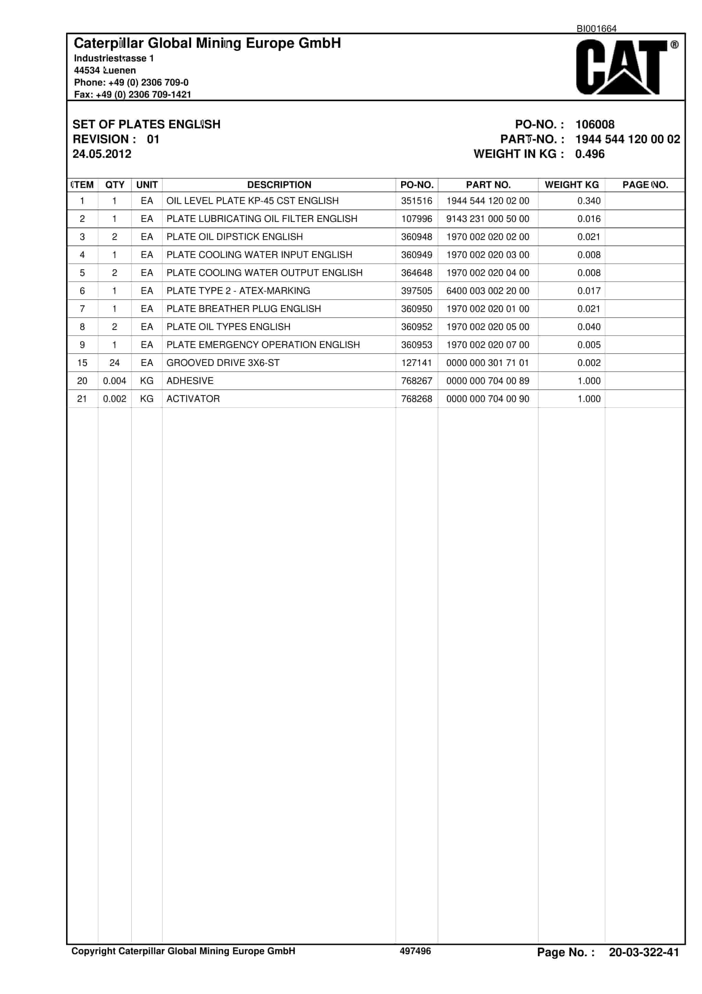 Caterpillar Shearer System Spare Parts List BI001664-3