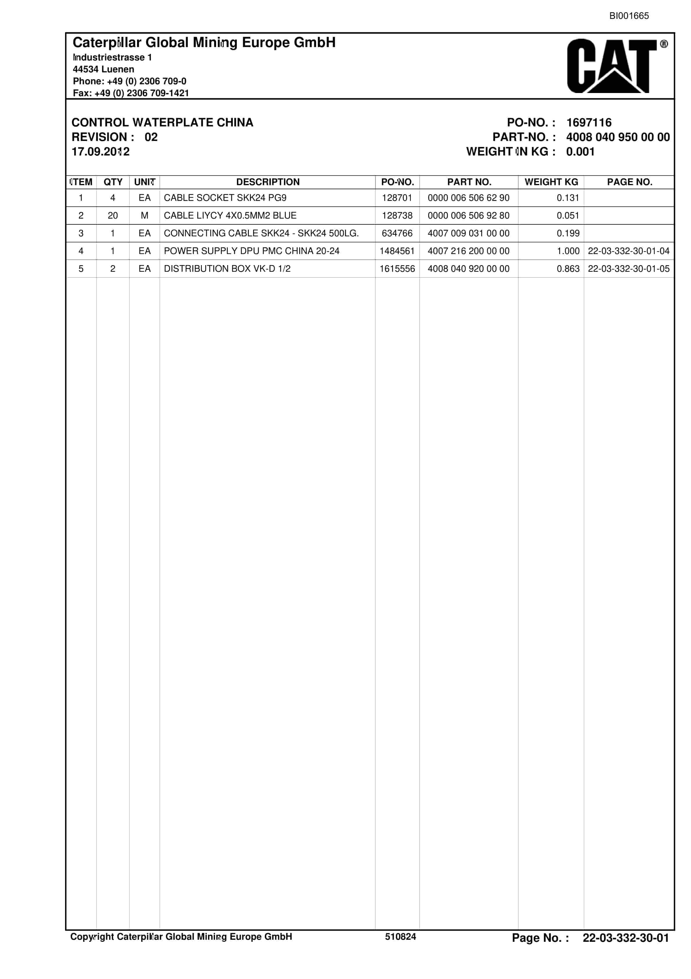Caterpillar Shearer System Spare Parts List BI001665-3