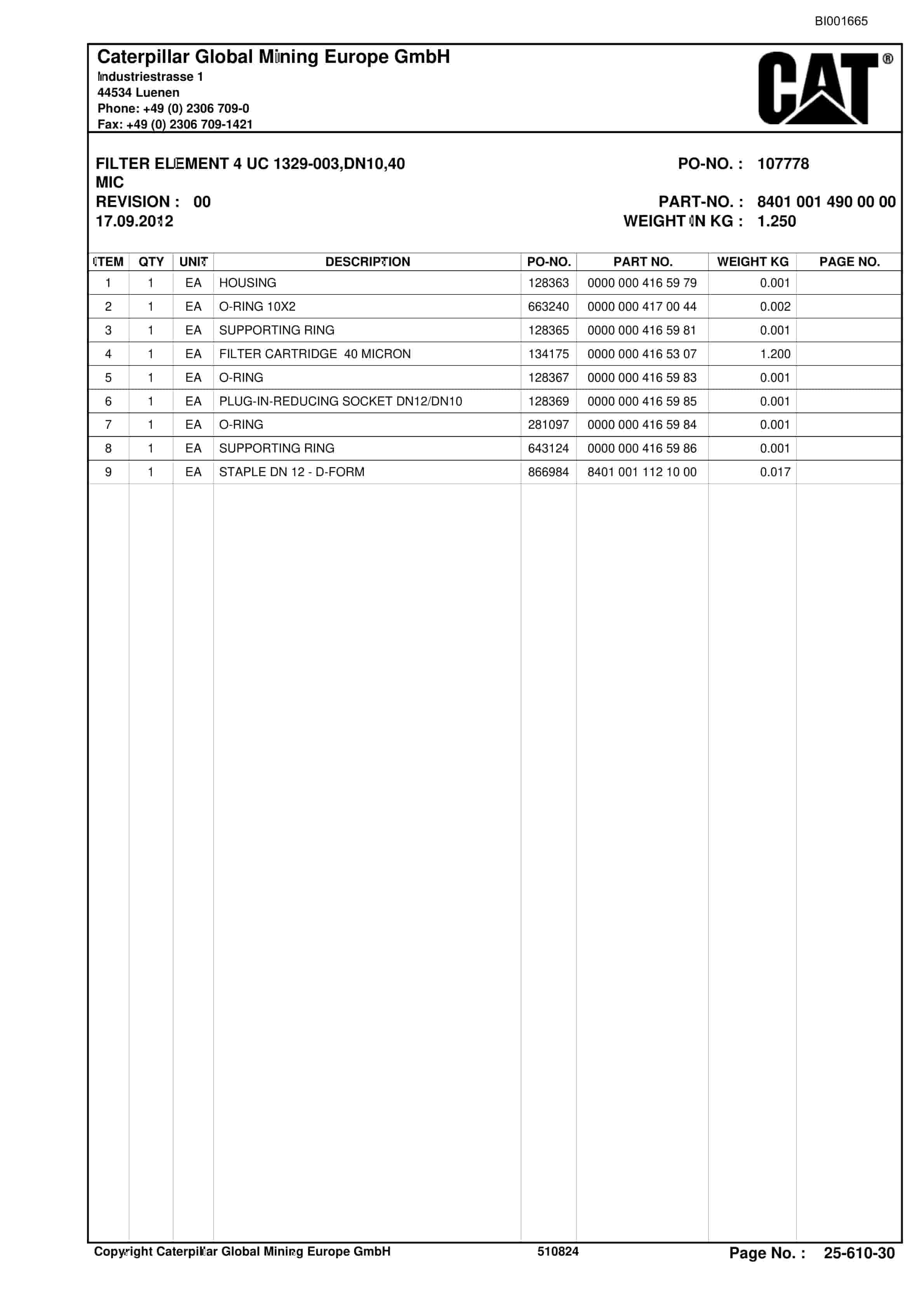 Caterpillar Shearer System Spare Parts List BI001665-4