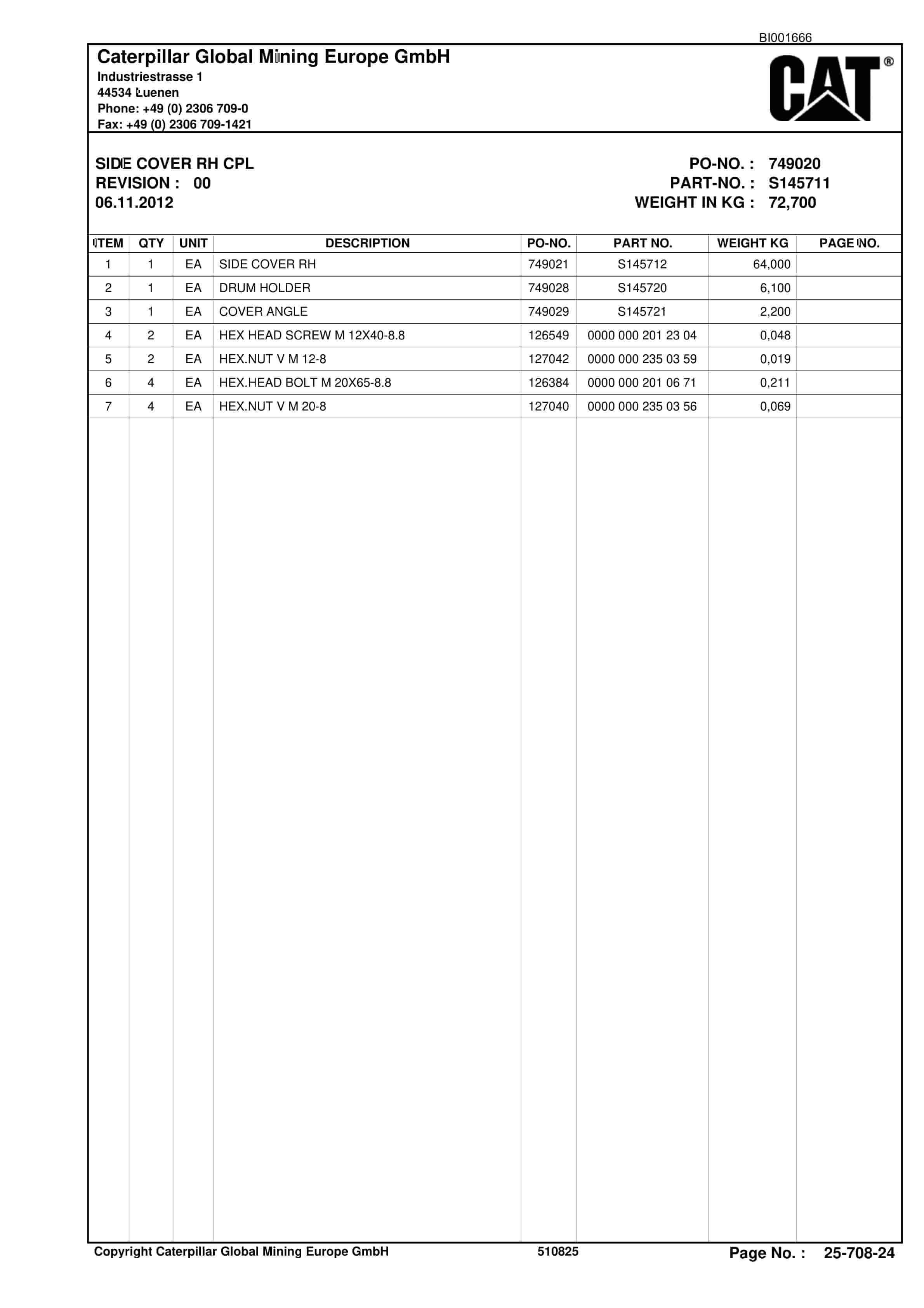 Caterpillar Shearer System Spare Parts List BI001666-00-02-5