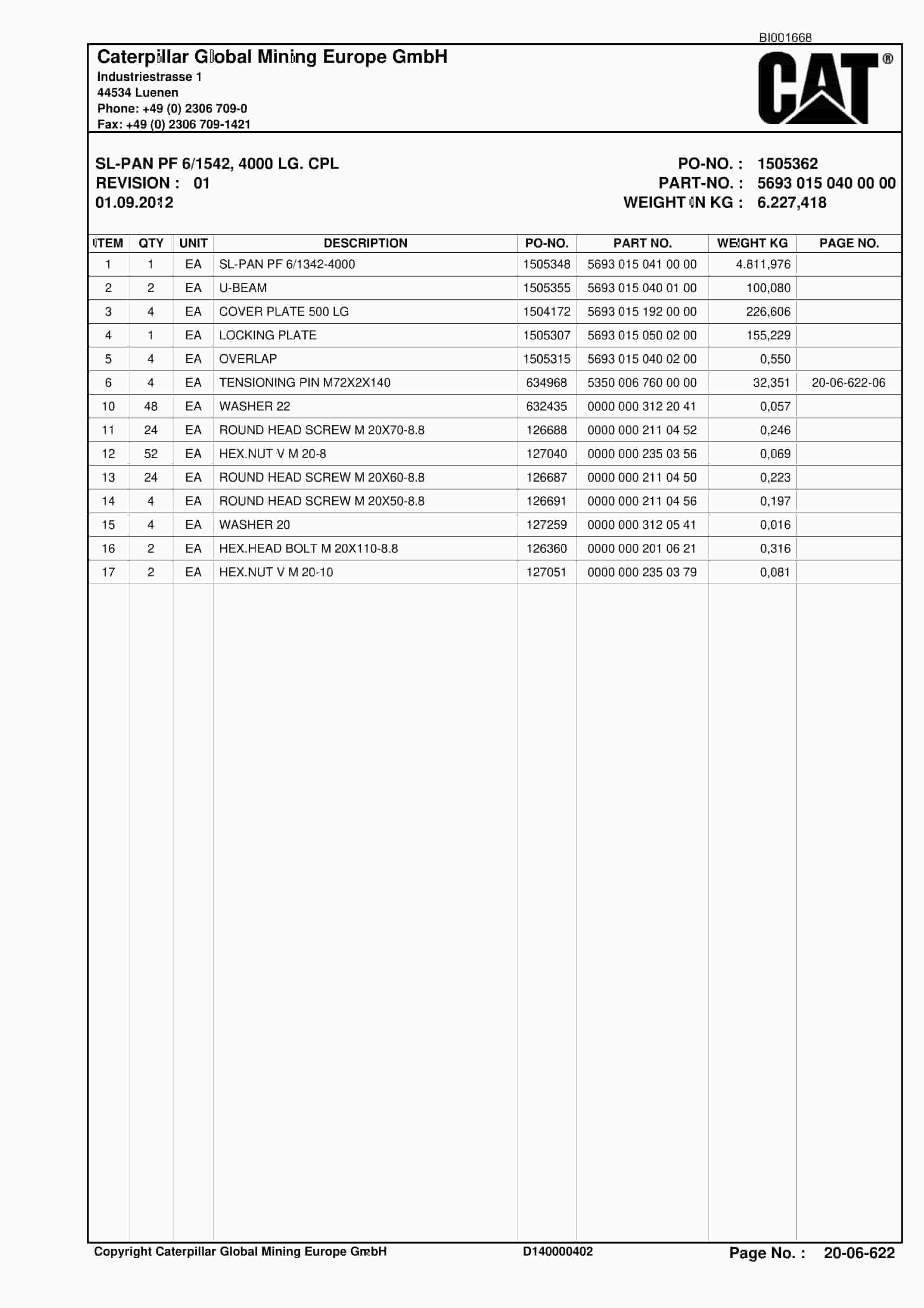 Caterpillar Shearer System Spare Parts List BI001668-00-01-4