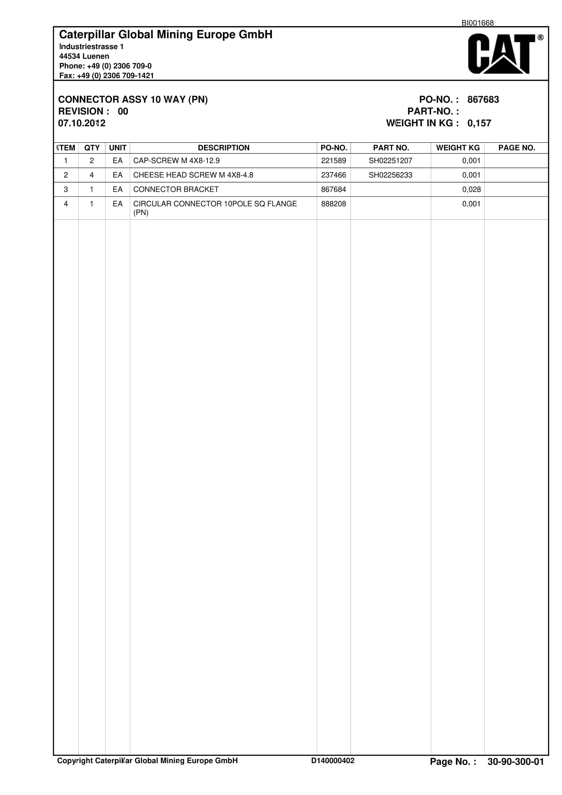 Caterpillar Shearer System Spare Parts List BI001668-00-02-3