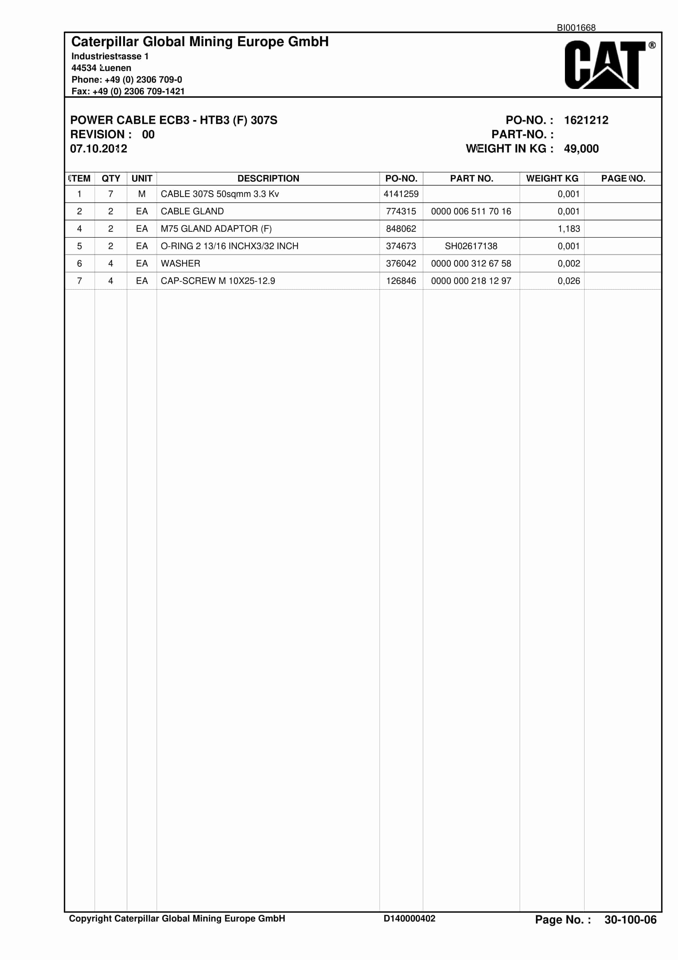Caterpillar Shearer System Spare Parts List BI001668-00-02-5