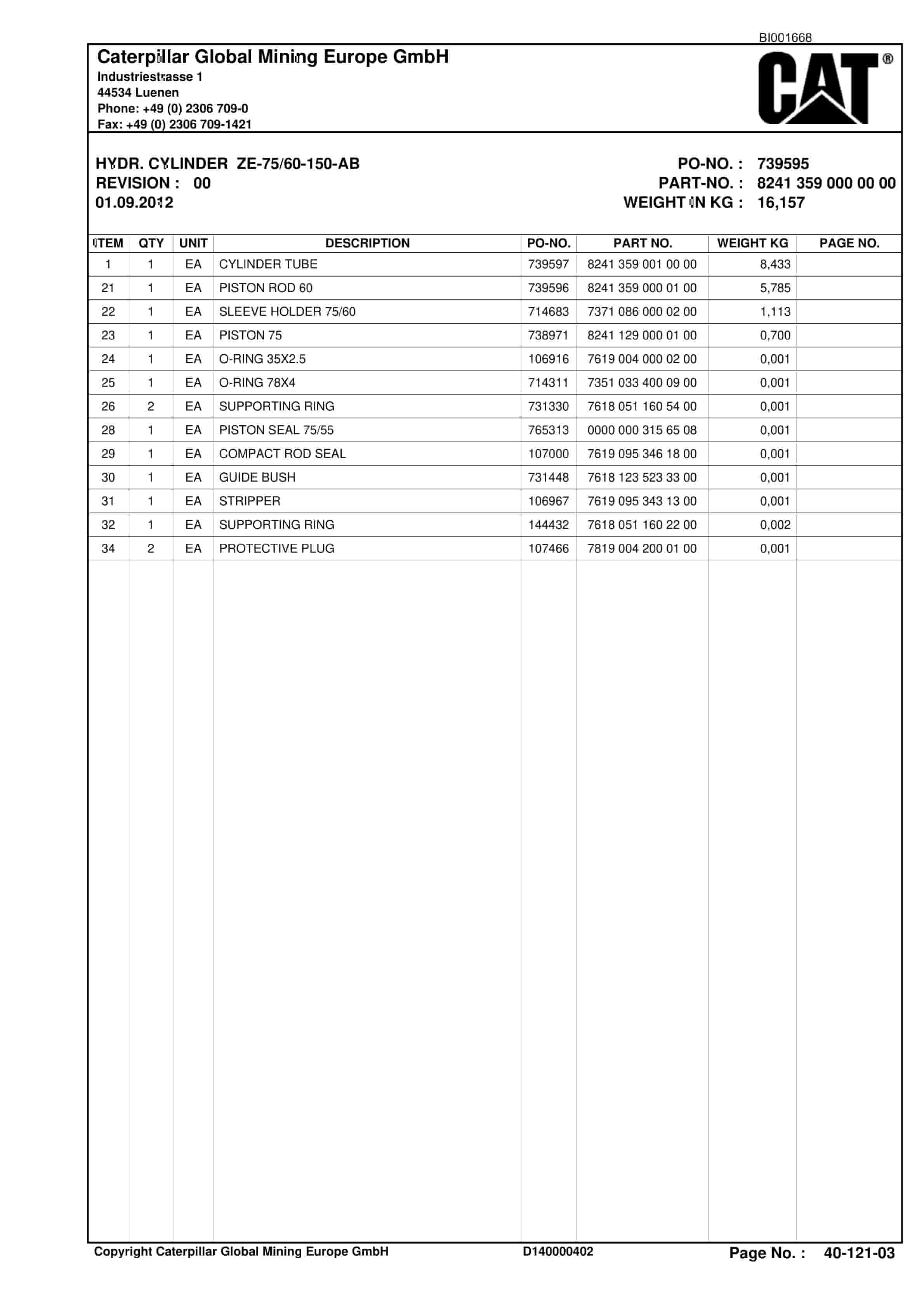 Caterpillar Shearer System Spare Parts List BI001668-00-03-3