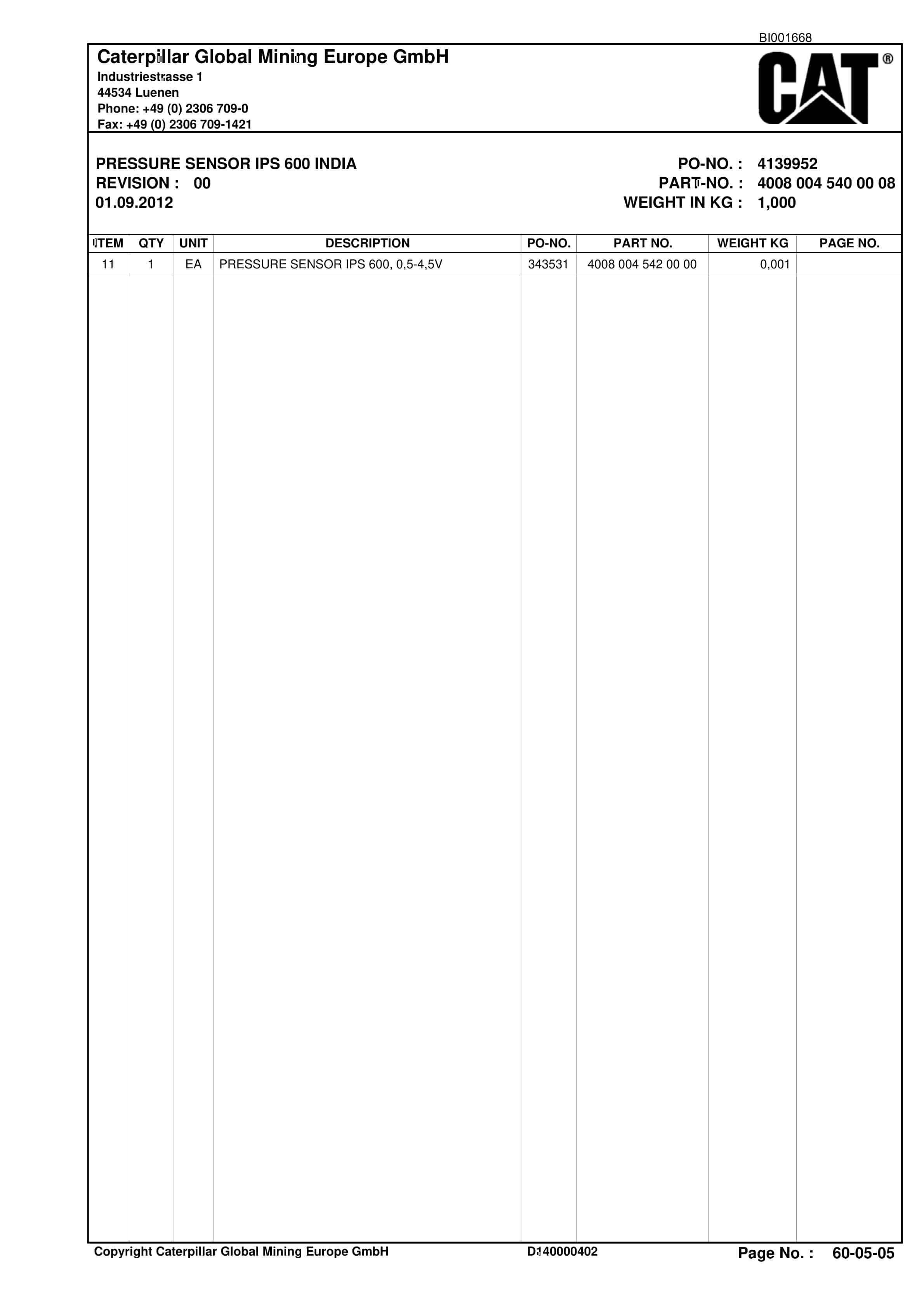 Caterpillar Shearer System Spare Parts List BI001668-00-03-5