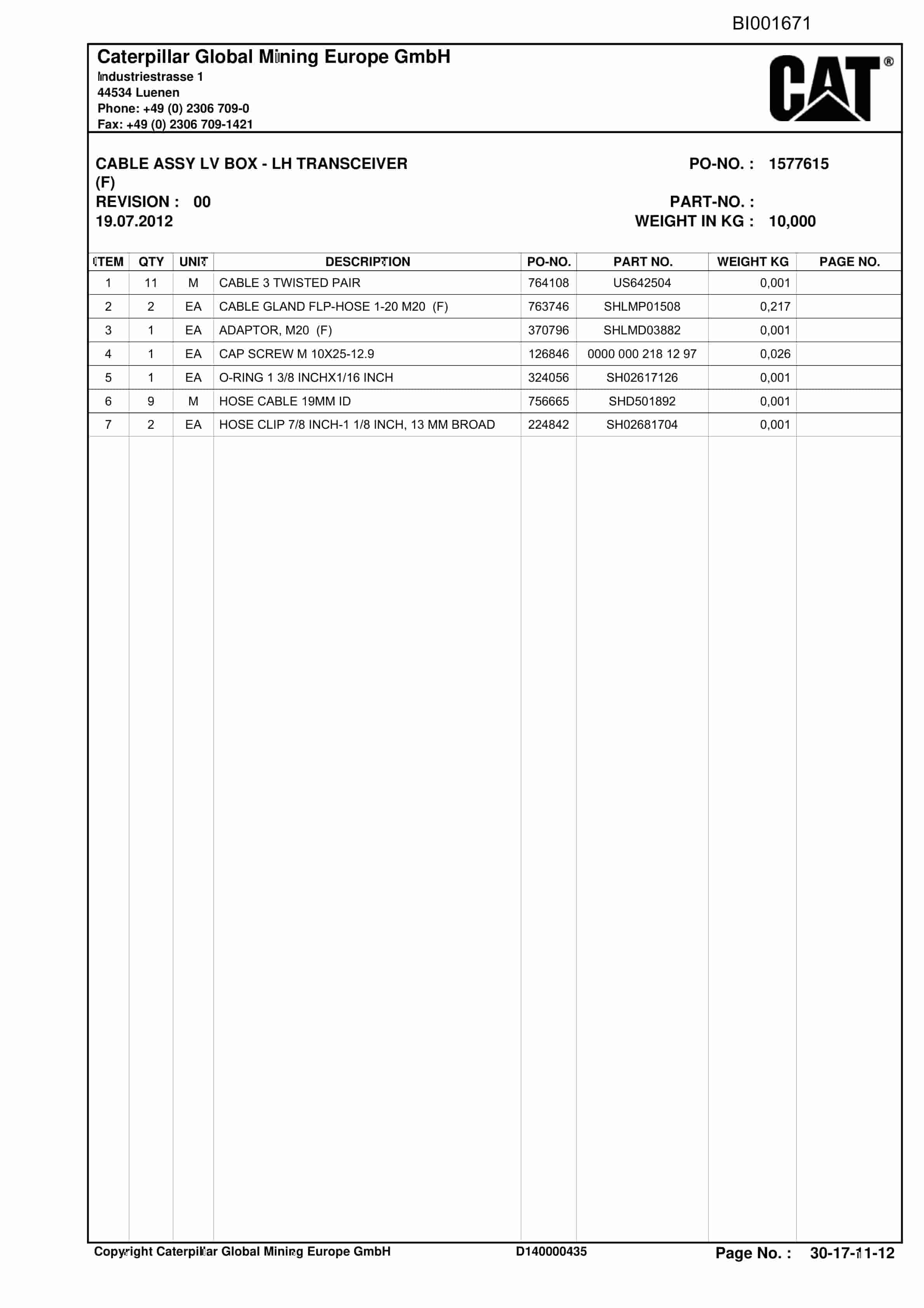 Caterpillar Shearer System Spare Parts List BI001671-3