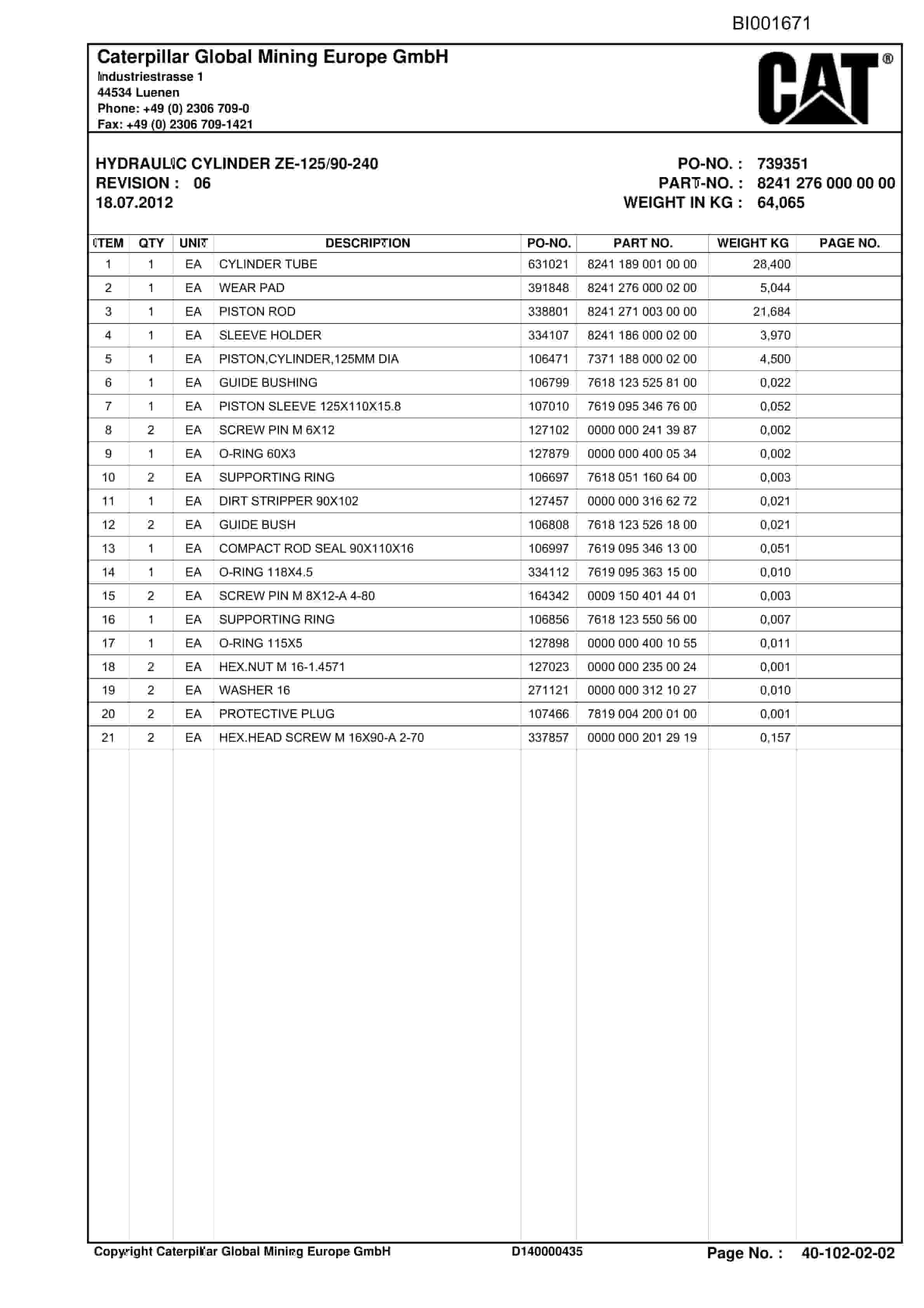Caterpillar Shearer System Spare Parts List BI001671-5