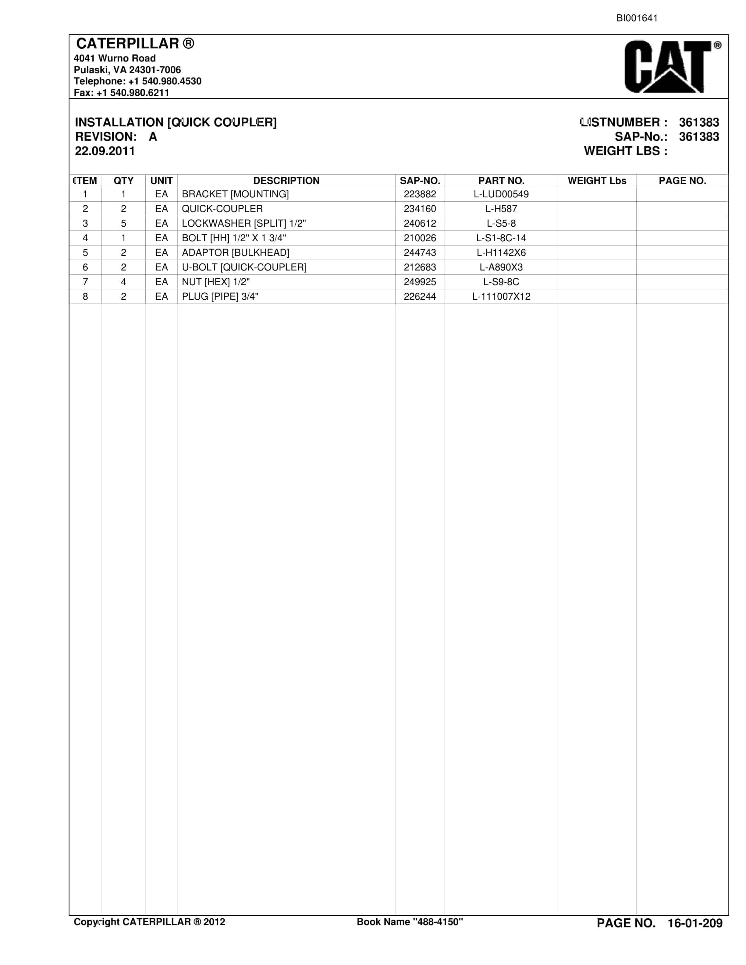 Caterpillar SU482 SCOOP Parts Manual BI001641-3
