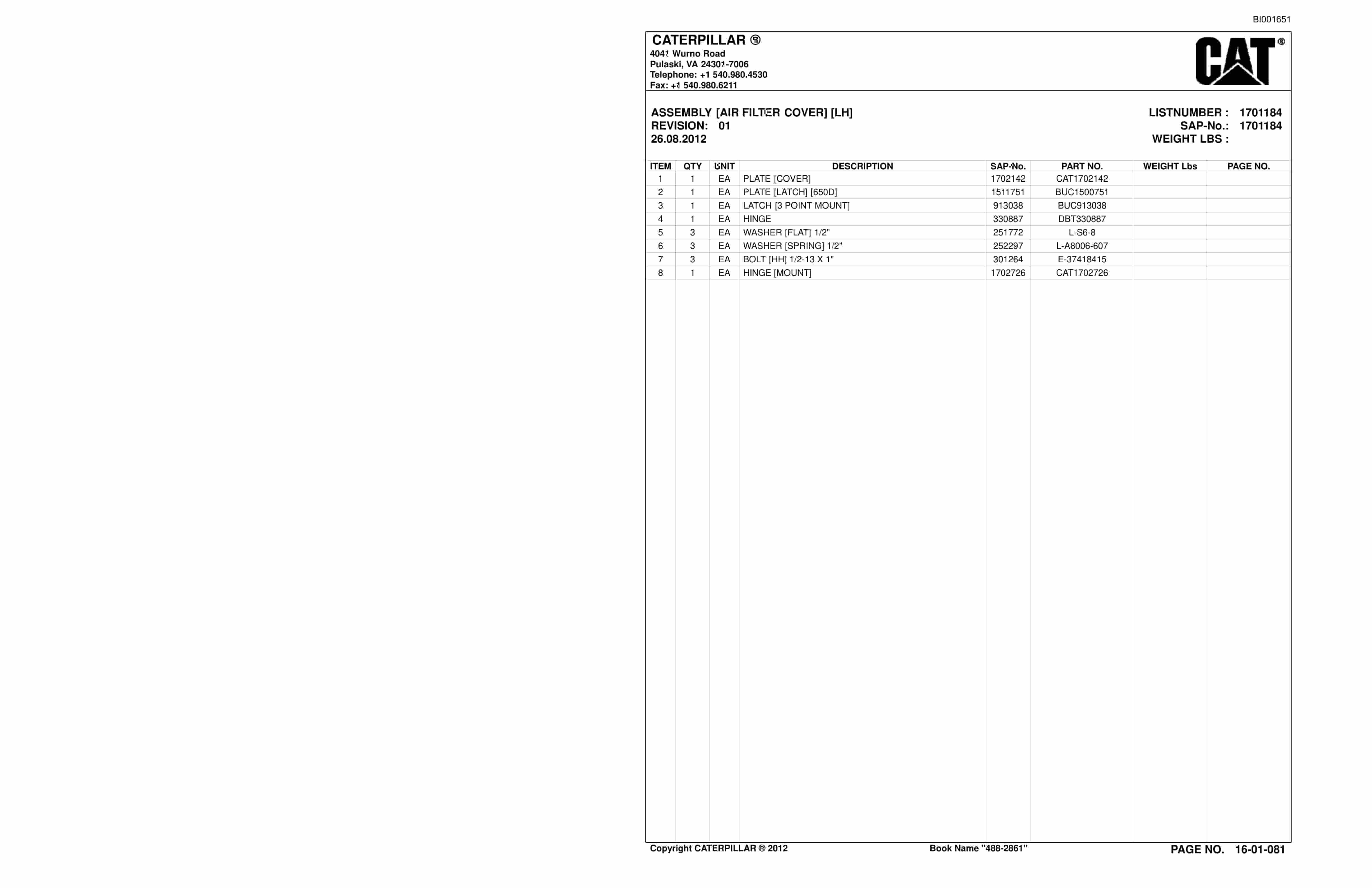 Caterpillar SU488 D SCOOP Parts Manual BI001651 2 Caterpillar SU488 D SCOOP Parts Manual BI001651-2