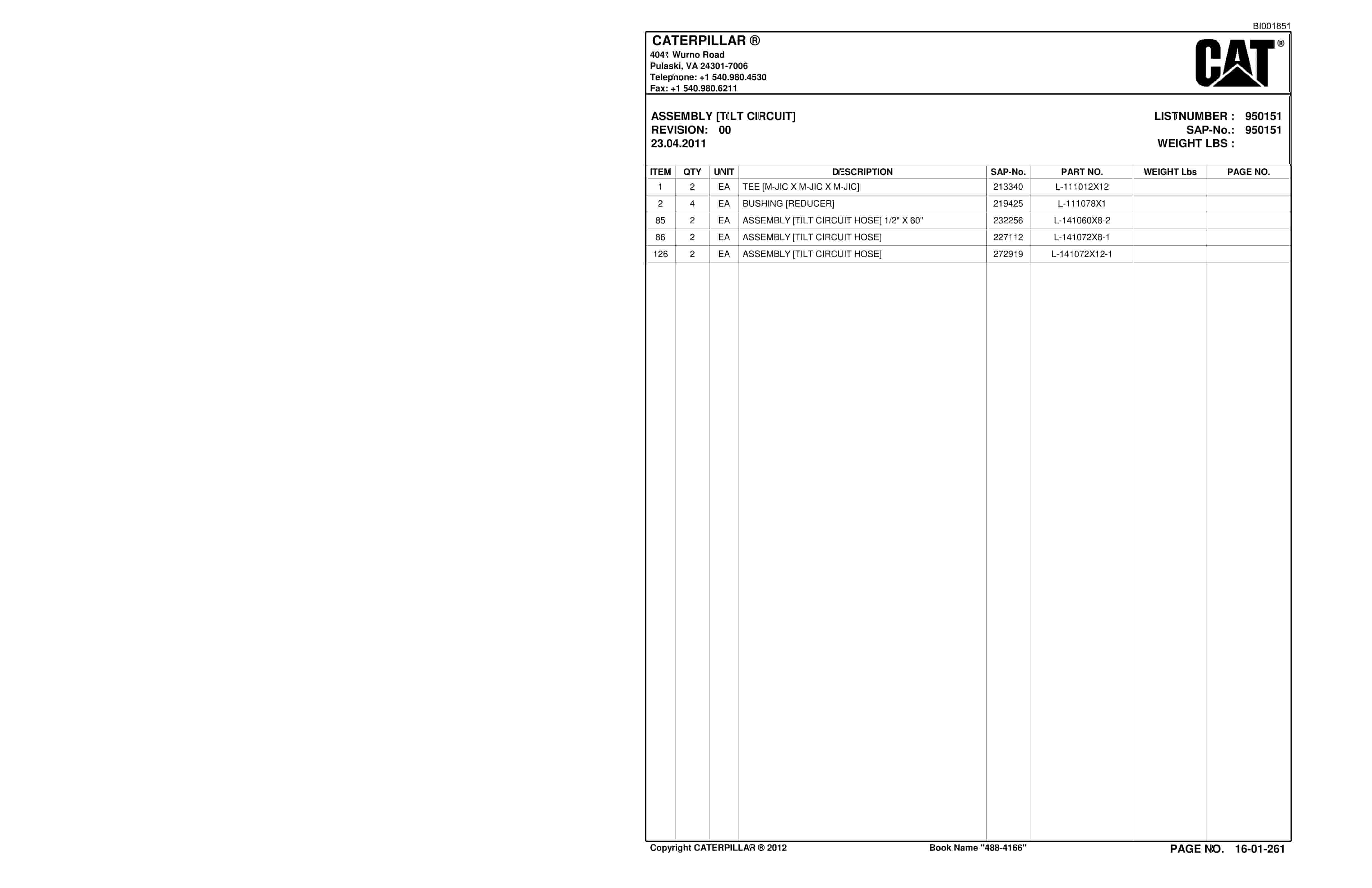 Caterpillar SU488 D SCOOP Parts Manual BI001851 5 Caterpillar SU488 D SCOOP Parts Manual BI001851-5