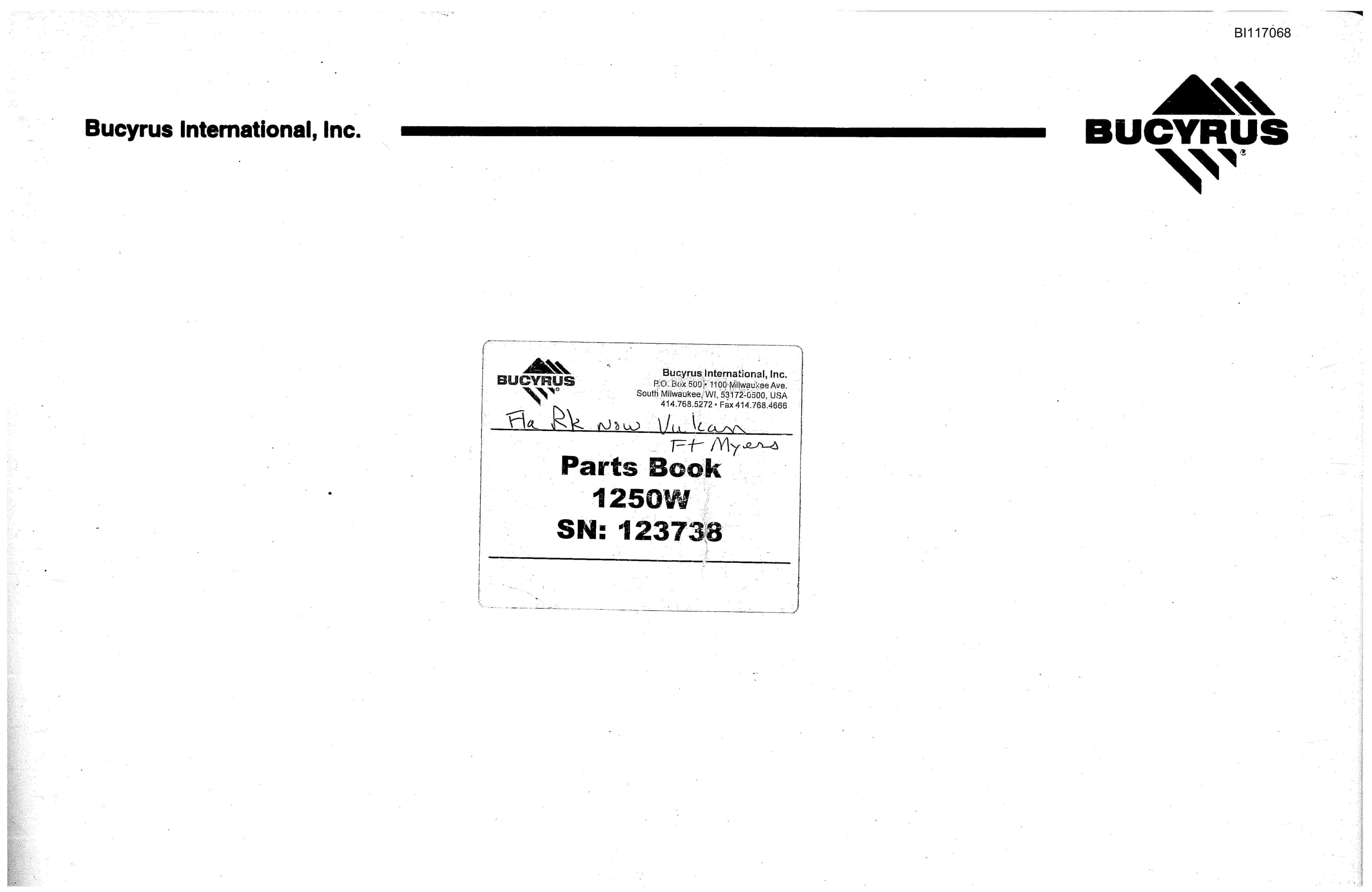 Bucyrus 1250W Parts Book BI117068