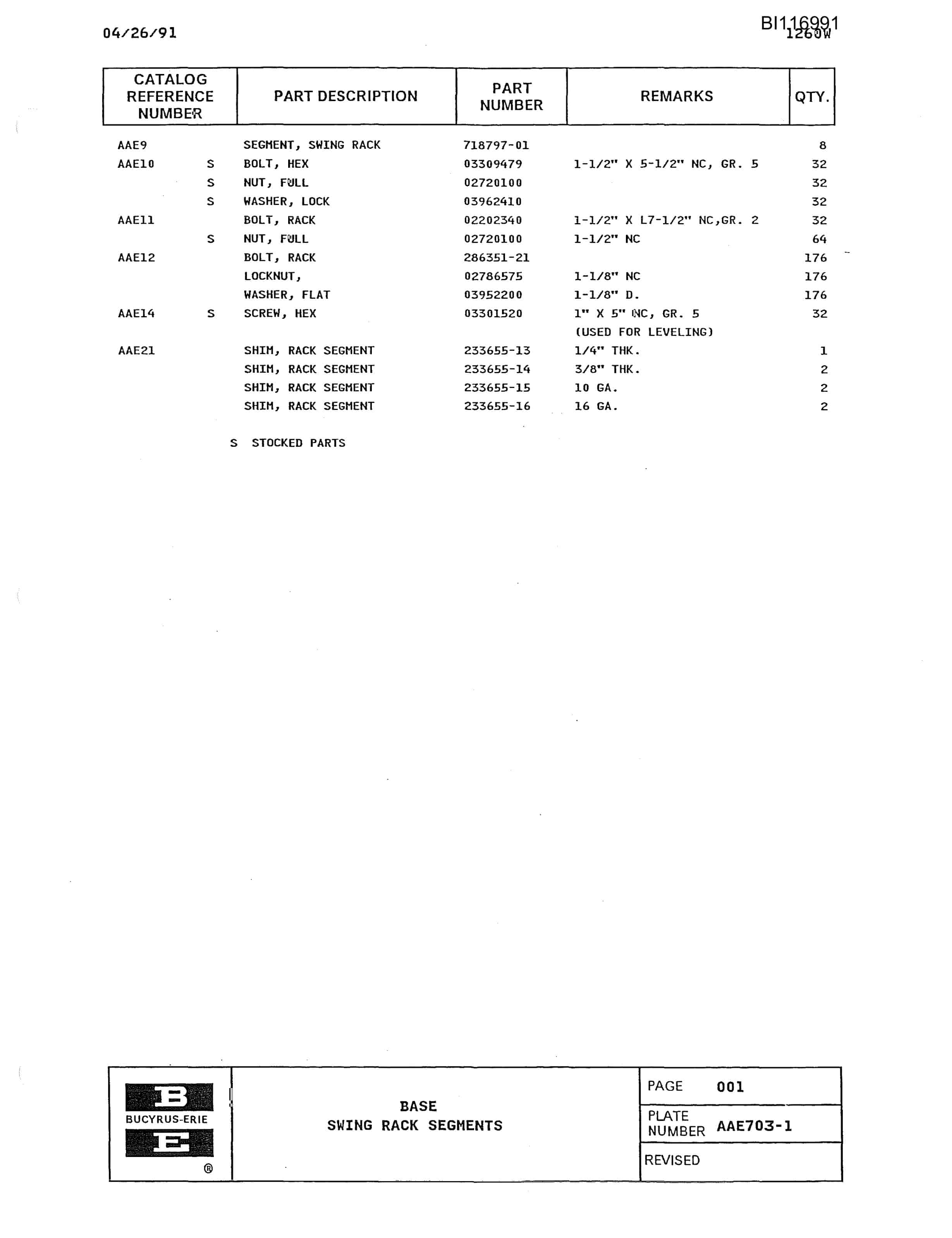 Bucyrus 1260-W Parts Catalog BI116991-2