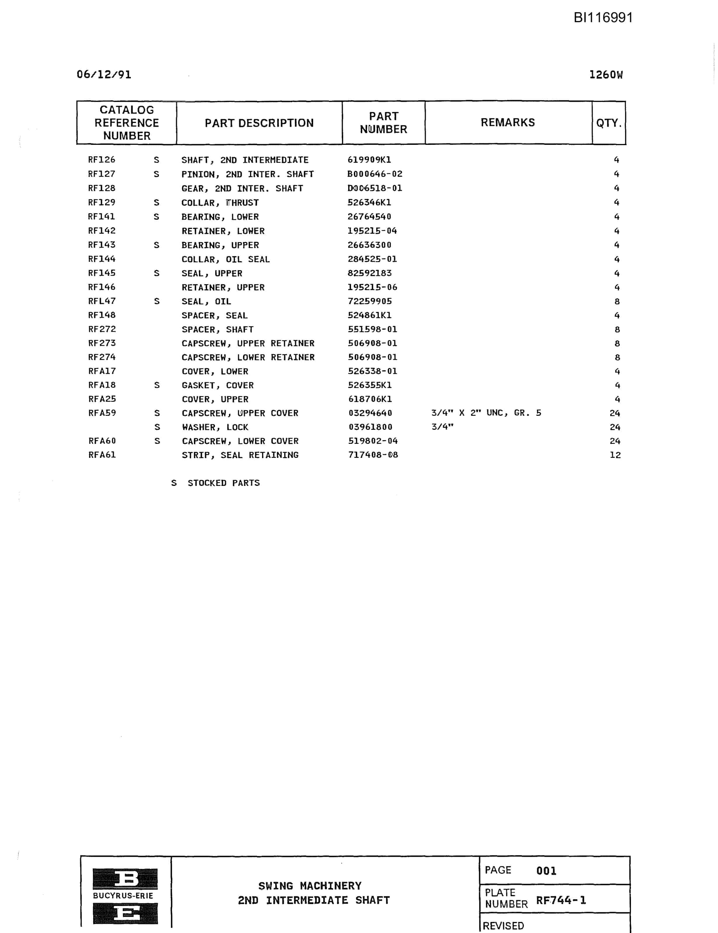 Bucyrus 1260-W Parts Catalog BI116991-4