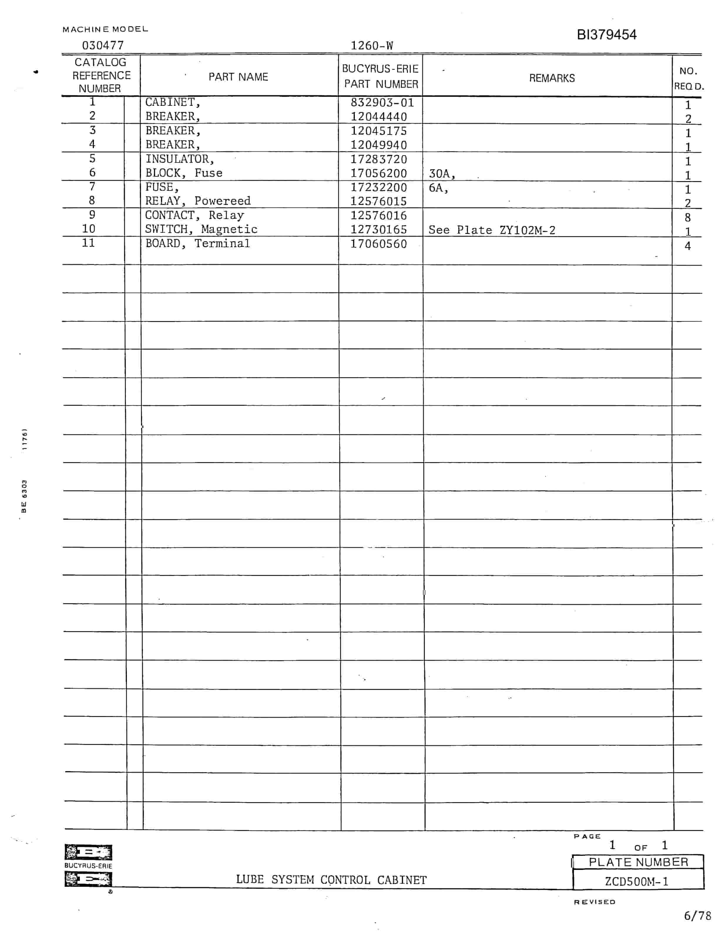 Bucyrus 1260W Drill Parts Catalog BI379454-5