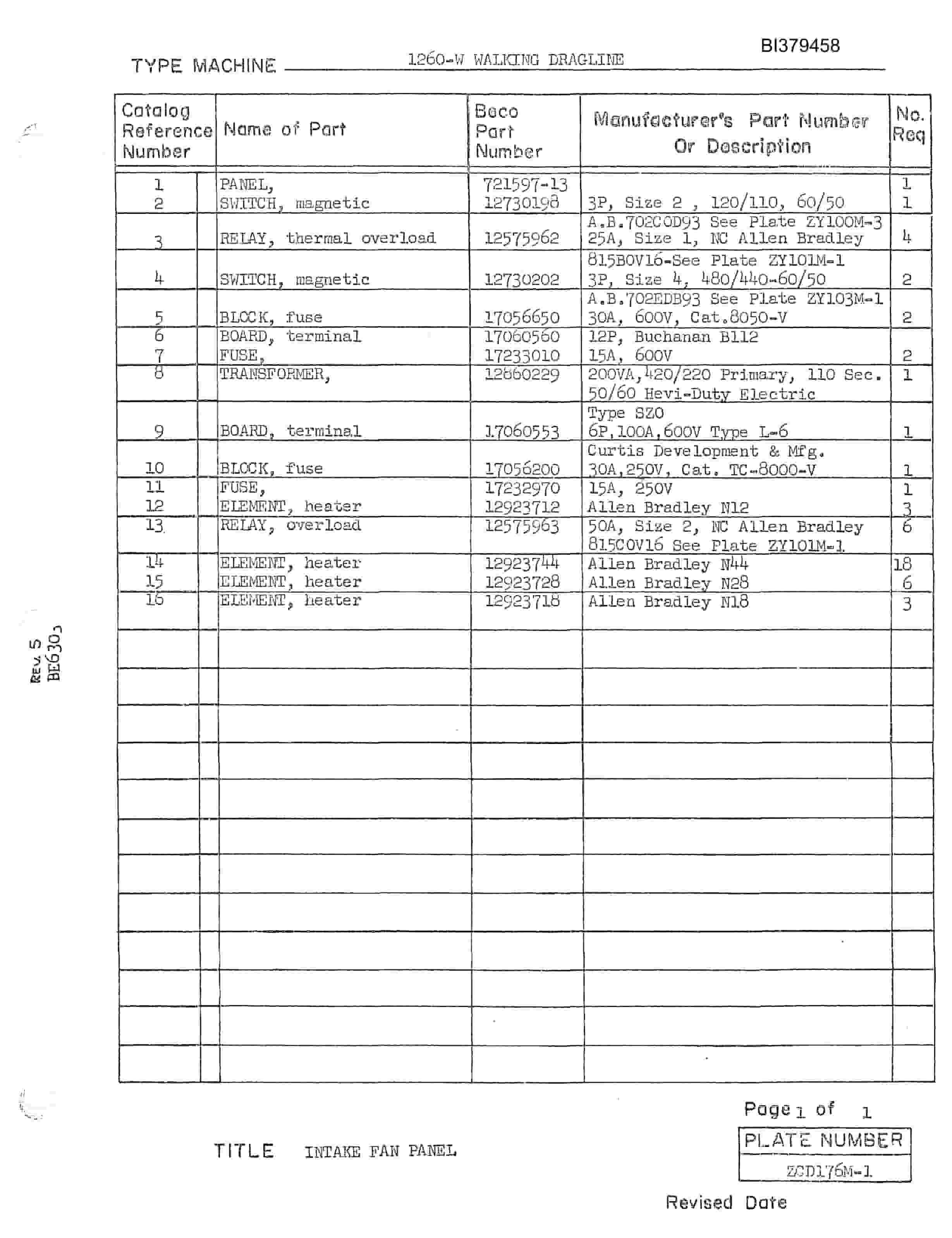 Bucyrus 1260W Drill Parts Catalog BI379458-4