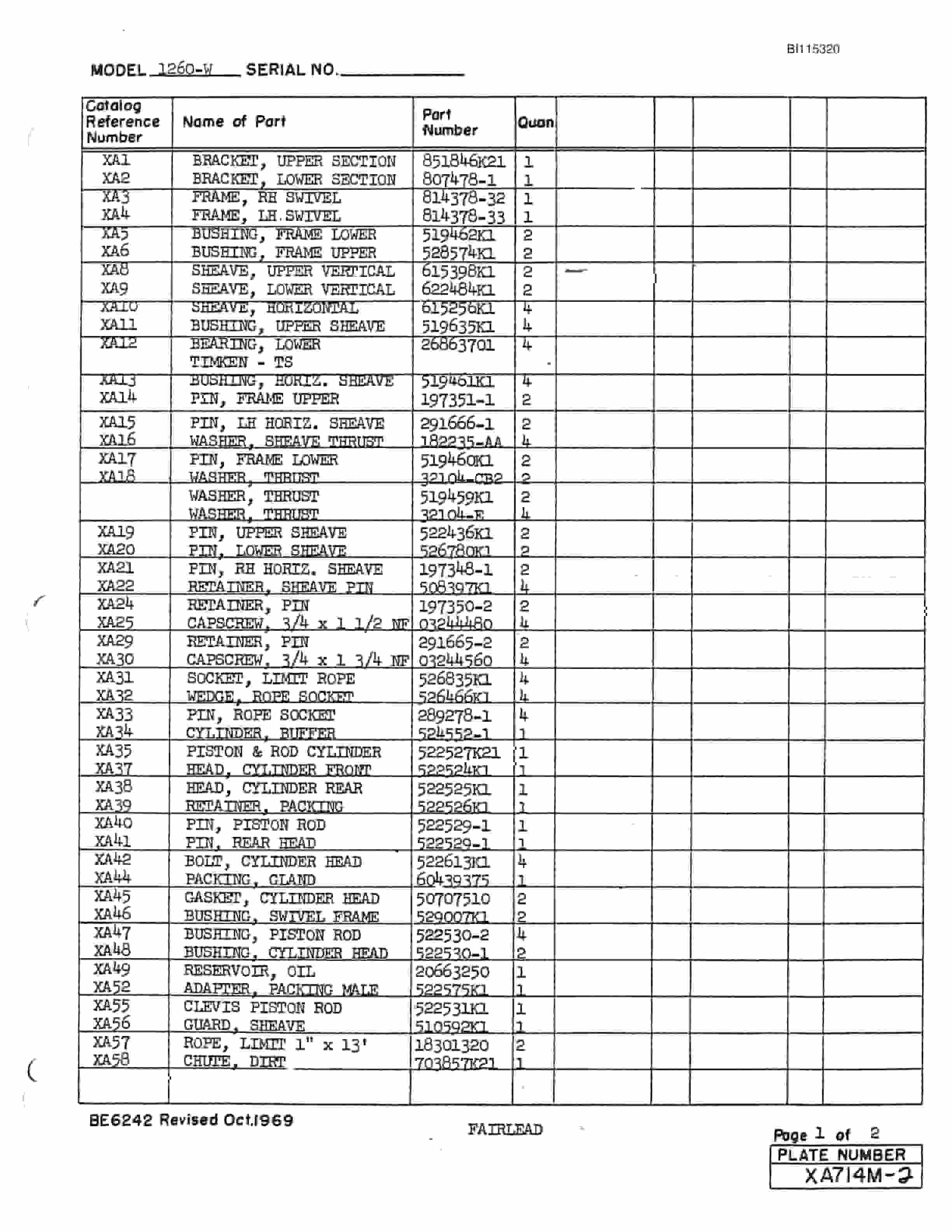 Bucyrus 1260W Walking Dragline Parts Catalog BI115320-5