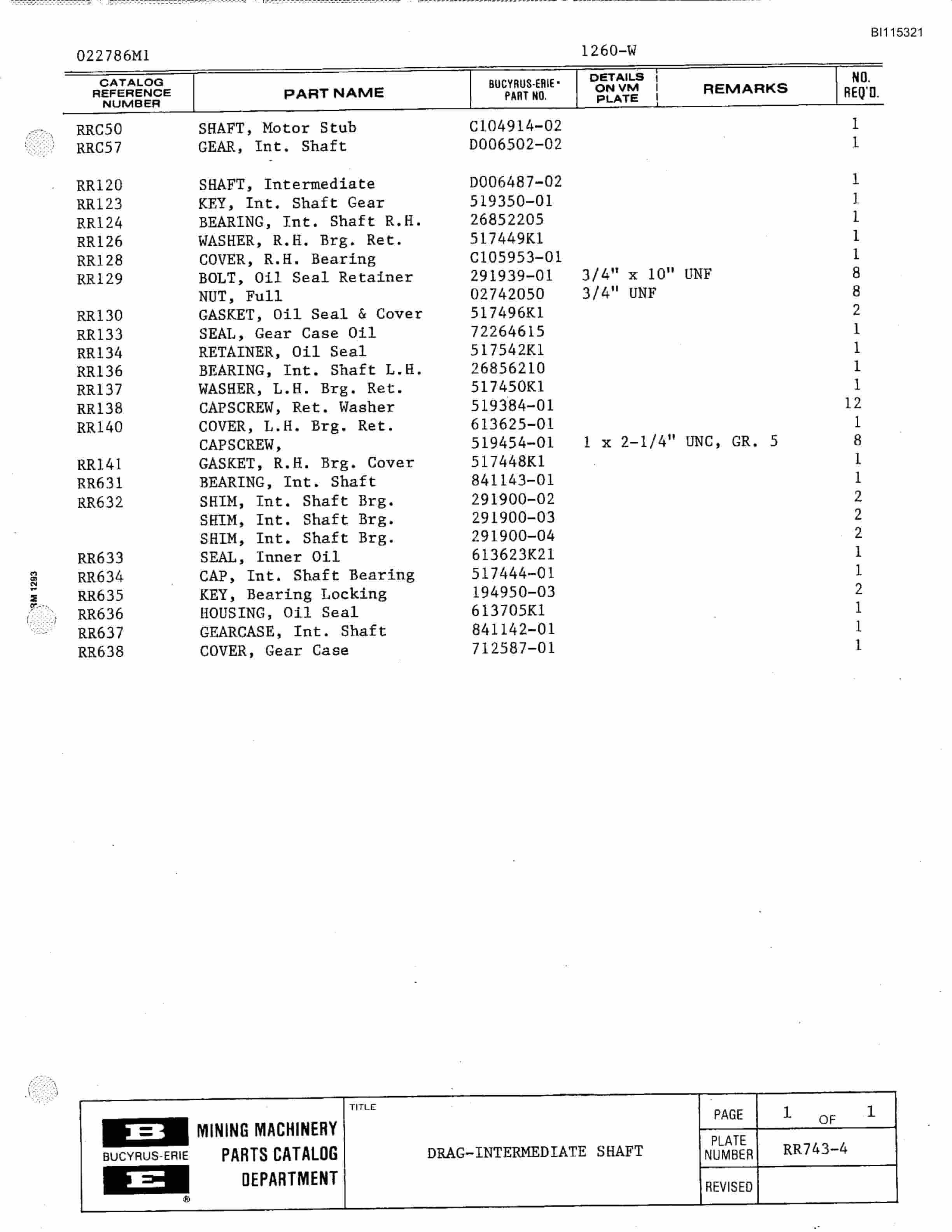 Bucyrus 1260W Walking Dragline Parts Catalog BI115321-5