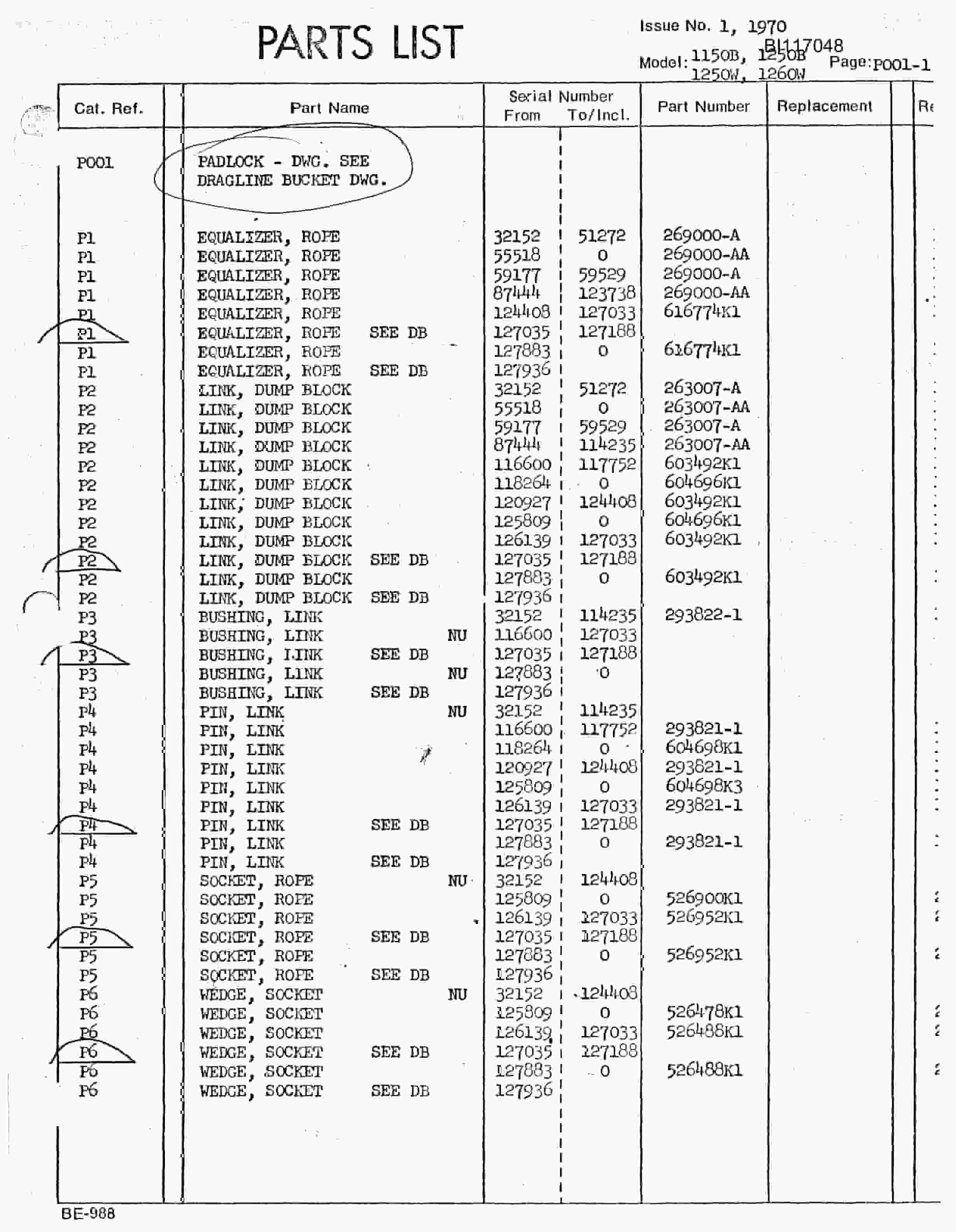 Bucyrus 1260W Walking Dragline Parts Manual BI117048-2