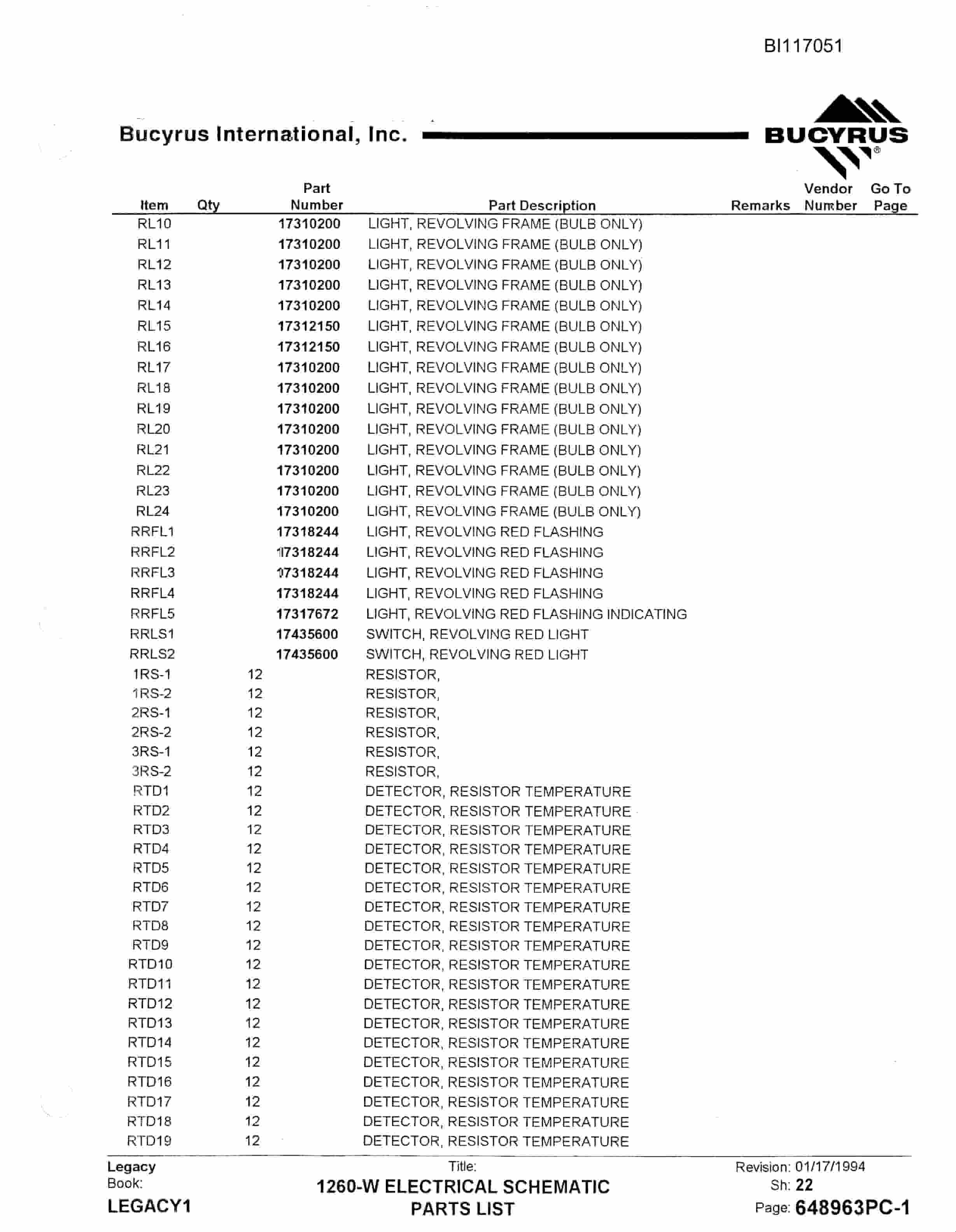 Bucyrus 1260W Walking Dragline Parts Manual BI117051-3