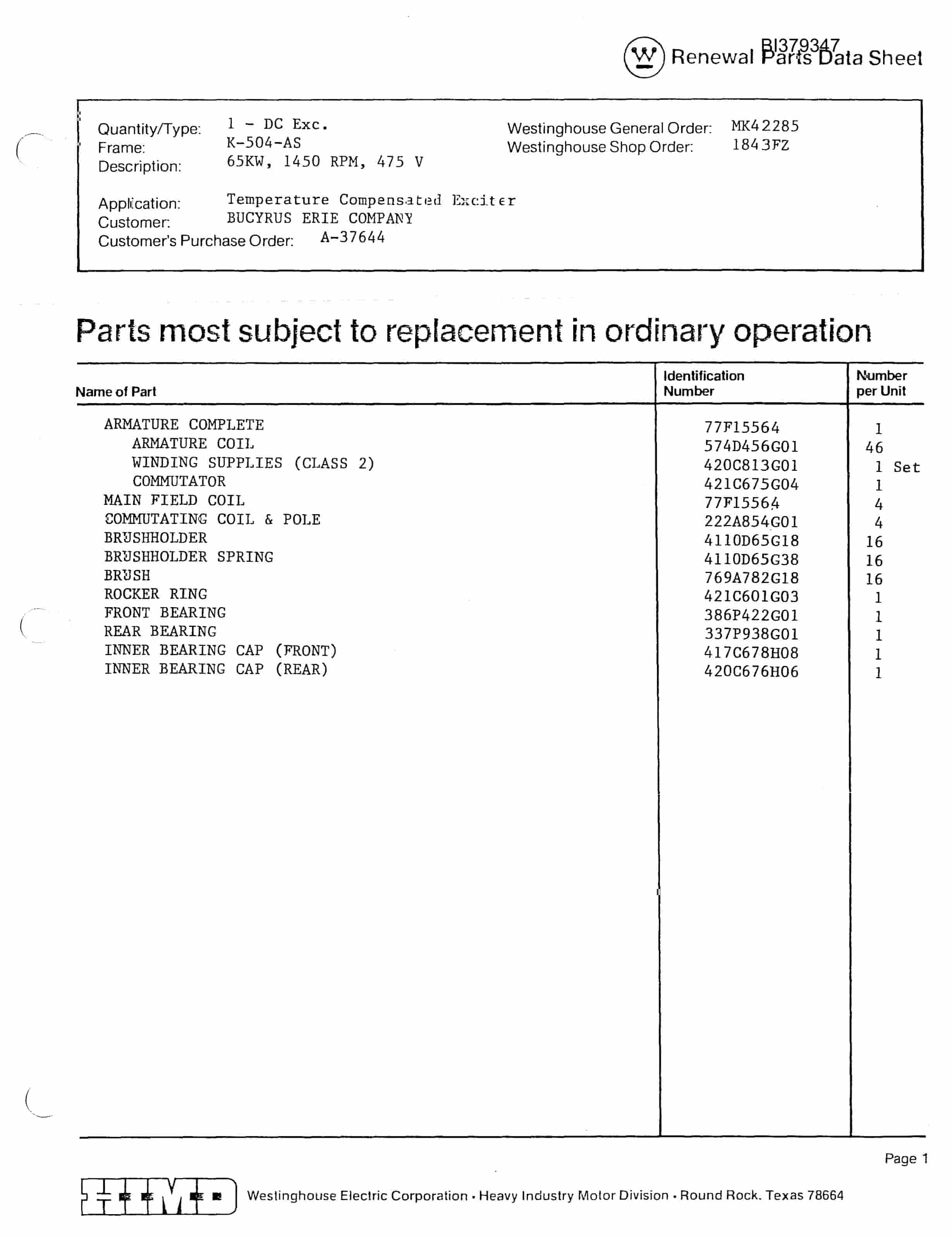 Bucyrus 1260W Westinghouse Electrical Parts Catalog BI379347-2