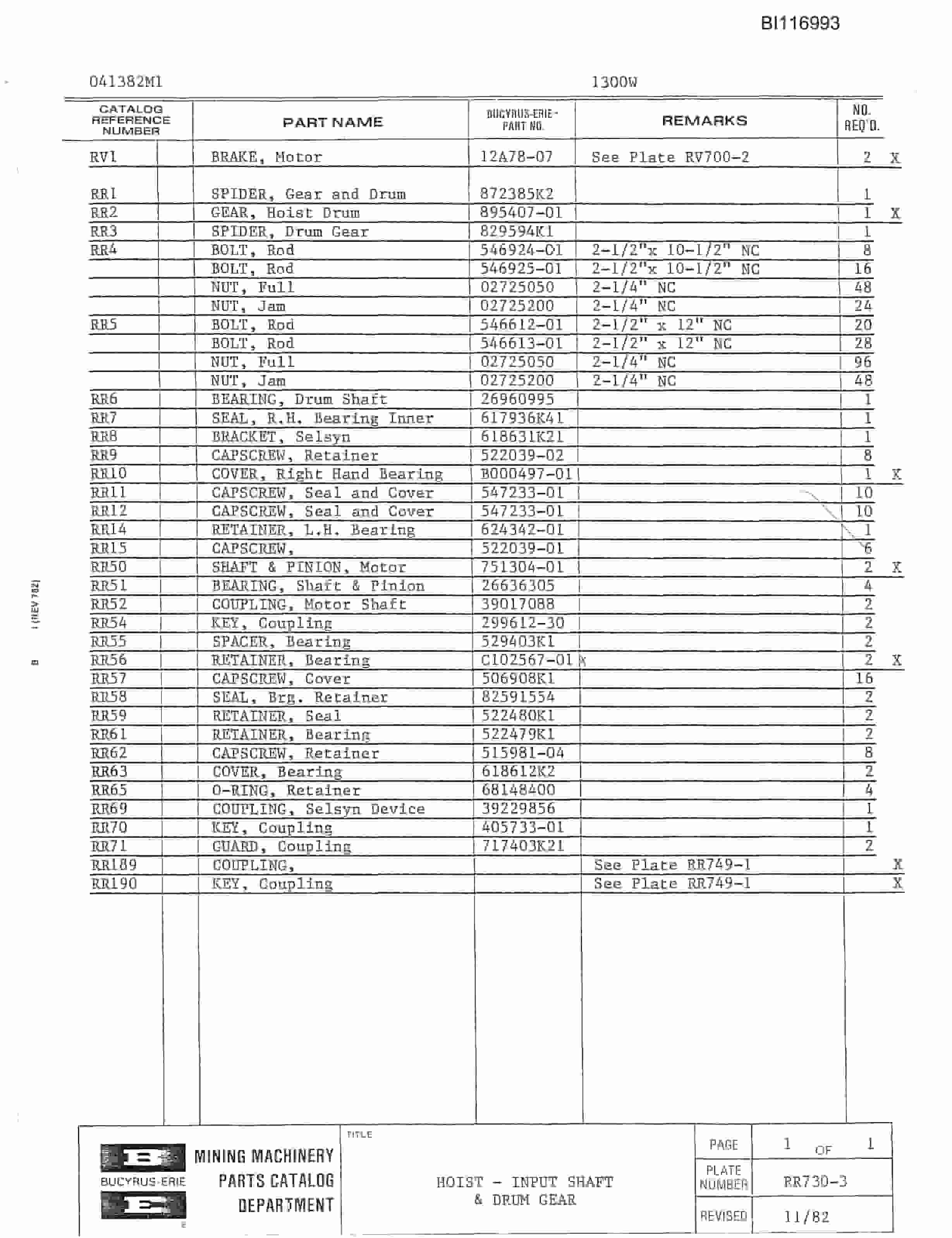 Bucyrus 1300W Parts Catalog BI116993-3
