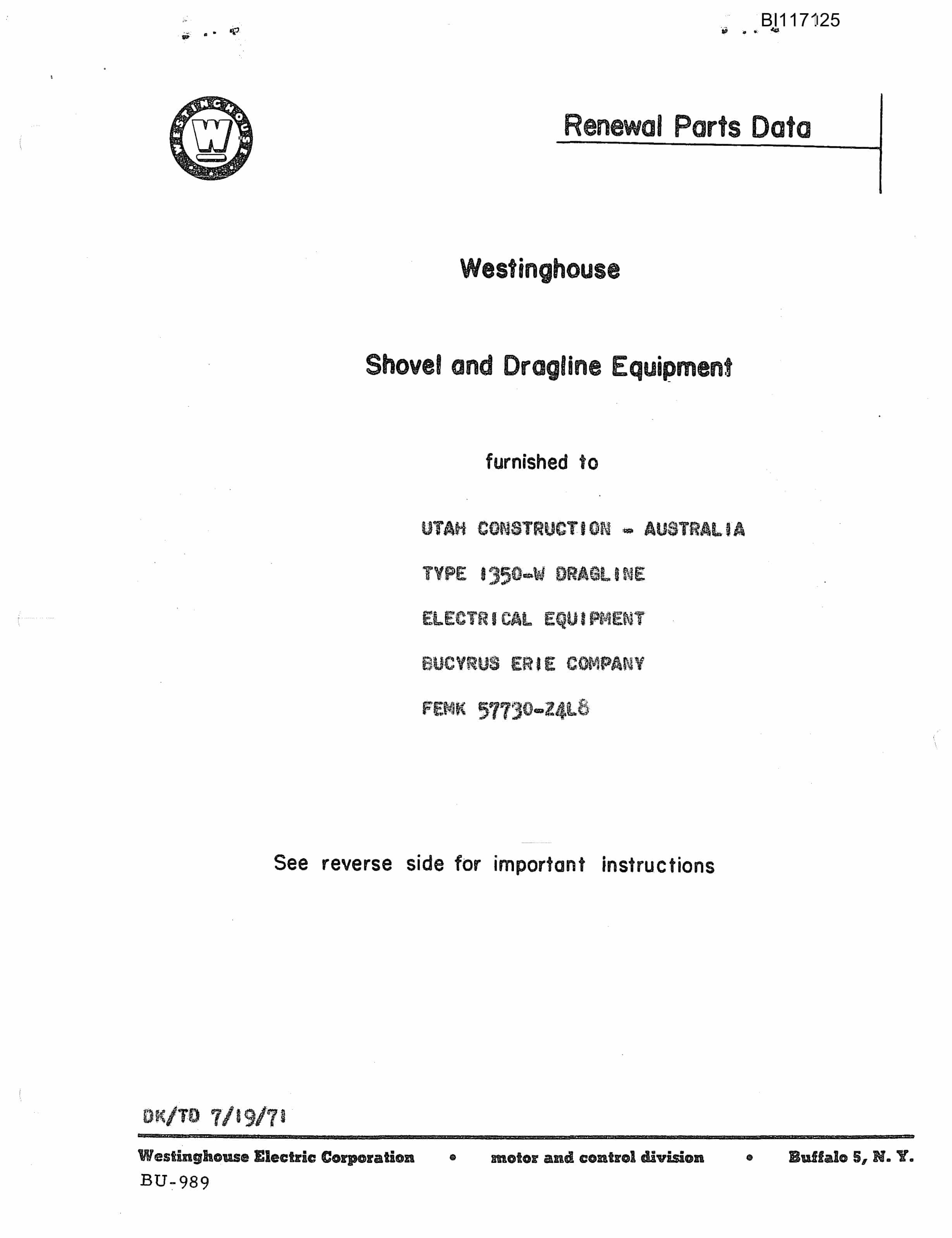 Bucyrus 1350-W Dragline Parts Catalog BI117125-5