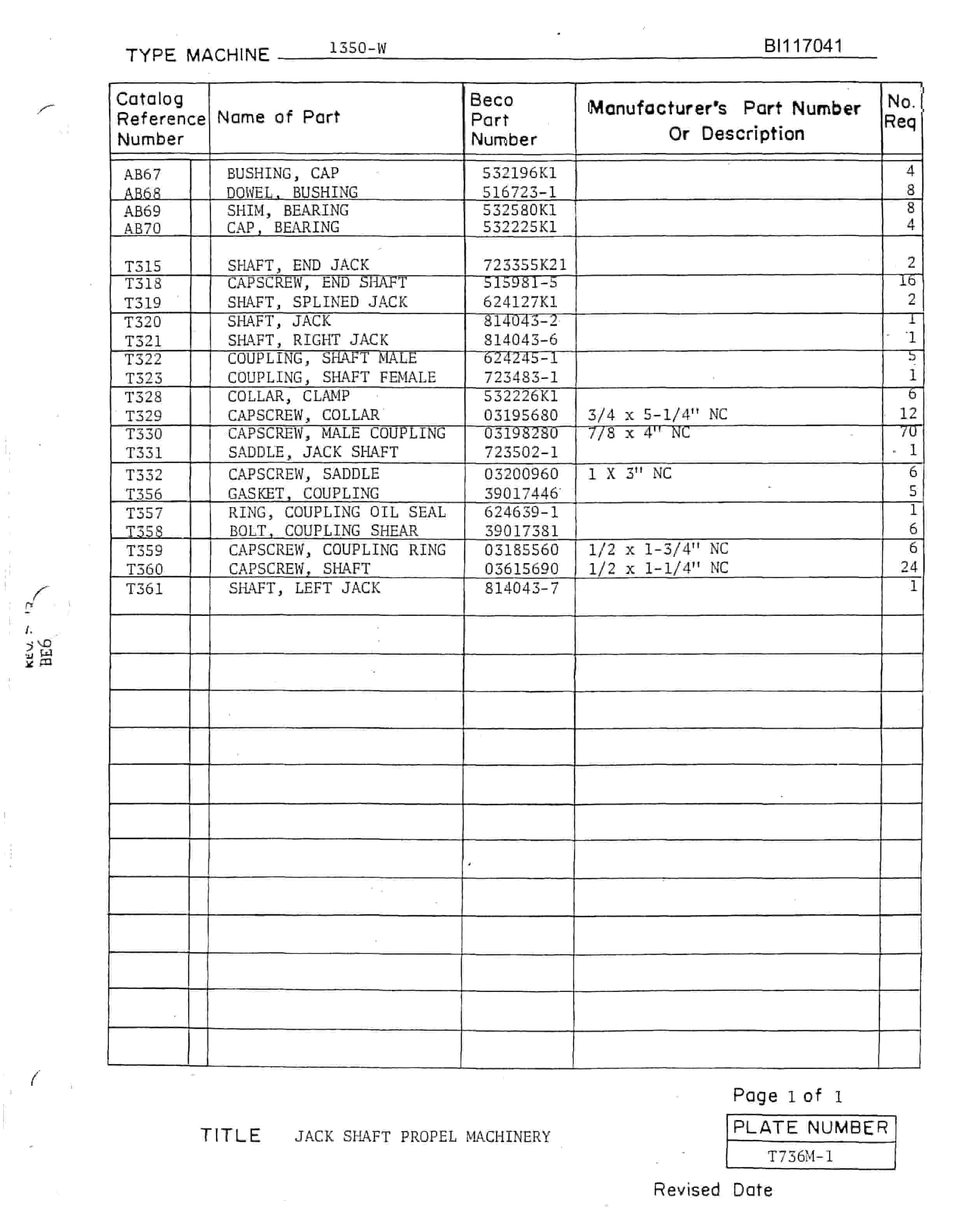 Bucyrus 1350W Walking Dragline Parts Manual BI117041-3