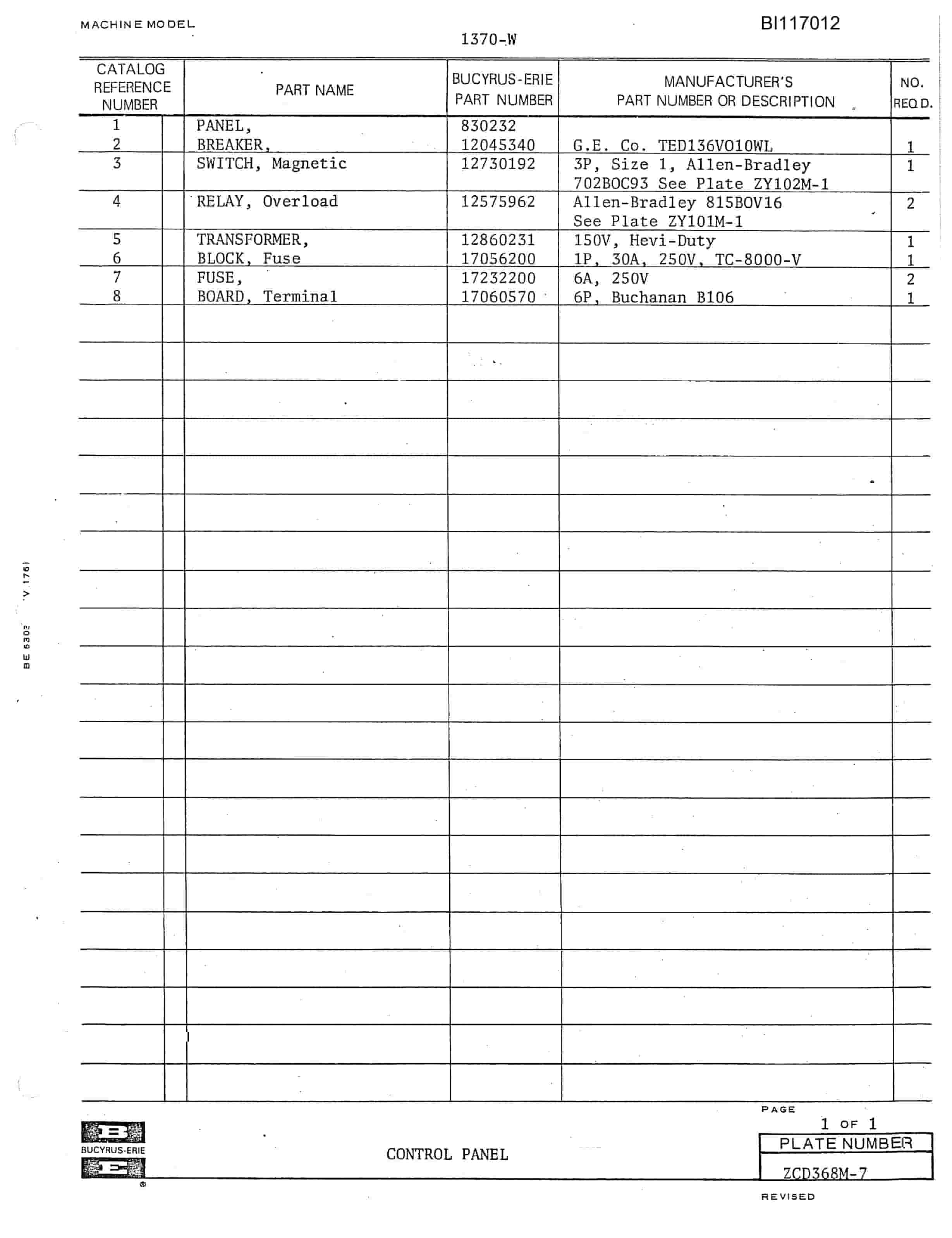 Bucyrus 1360-W Walking Dragline Parts Catalog BI117012-4