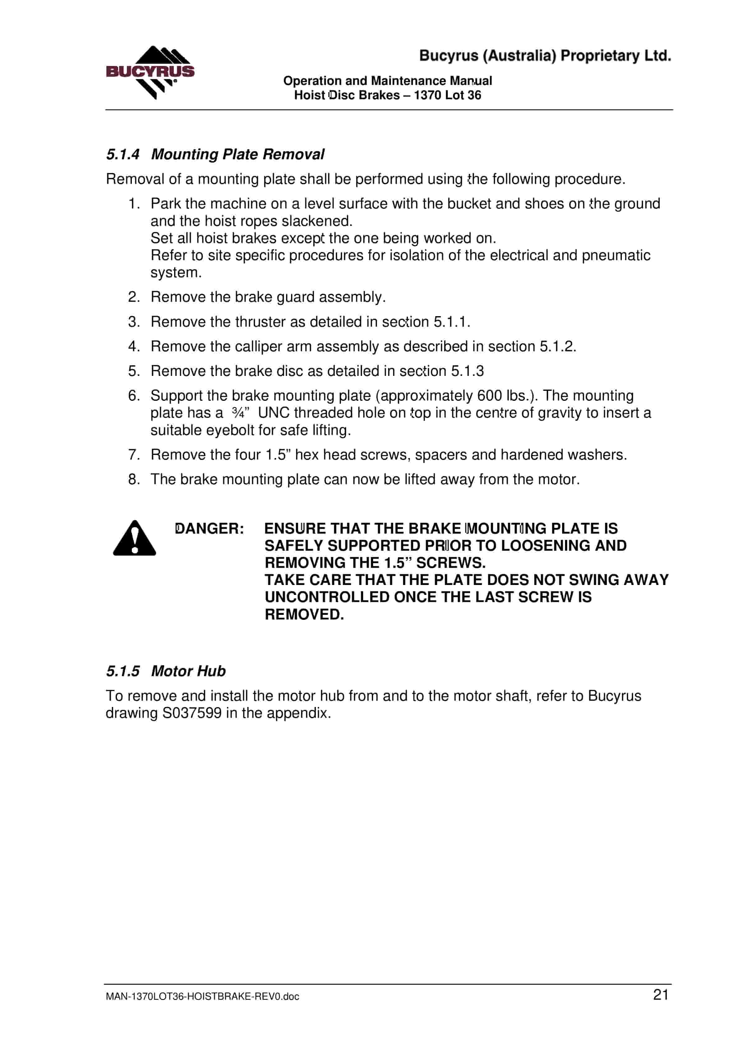 Bucyrus 1370 Hoist Disc Brakes Operation And Maintenance Manual BI014270-3