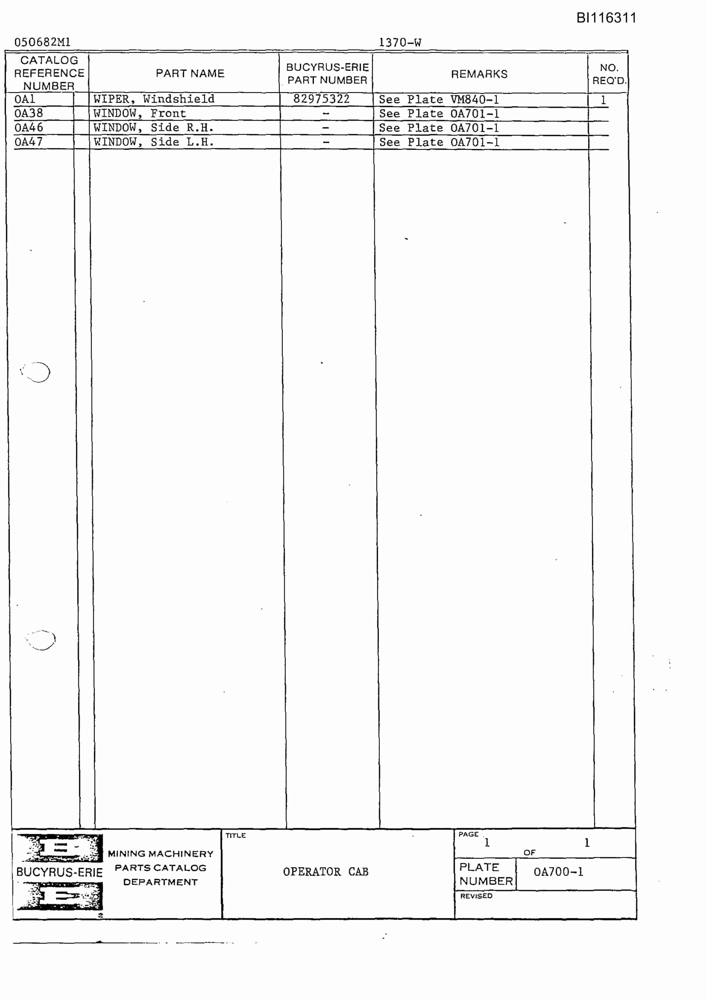 Bucyrus 1370-W Dragline Heavy Lifts Parts Catalog BI116311-2