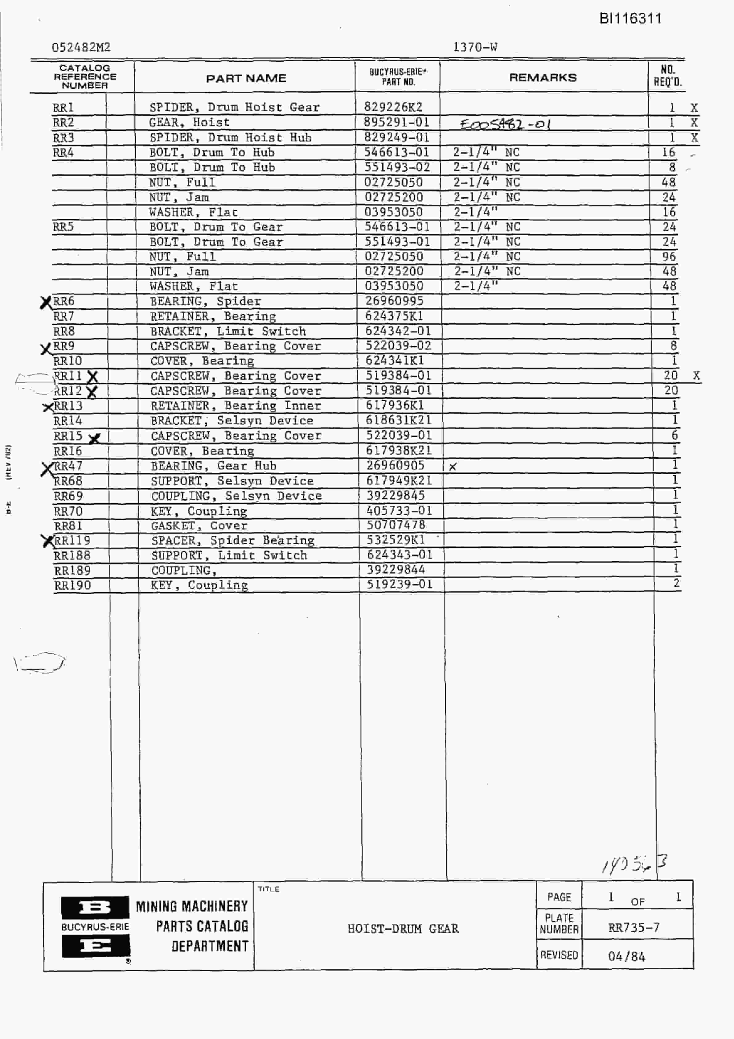 Bucyrus 1370-W Dragline Heavy Lifts Parts Catalog BI116311-3