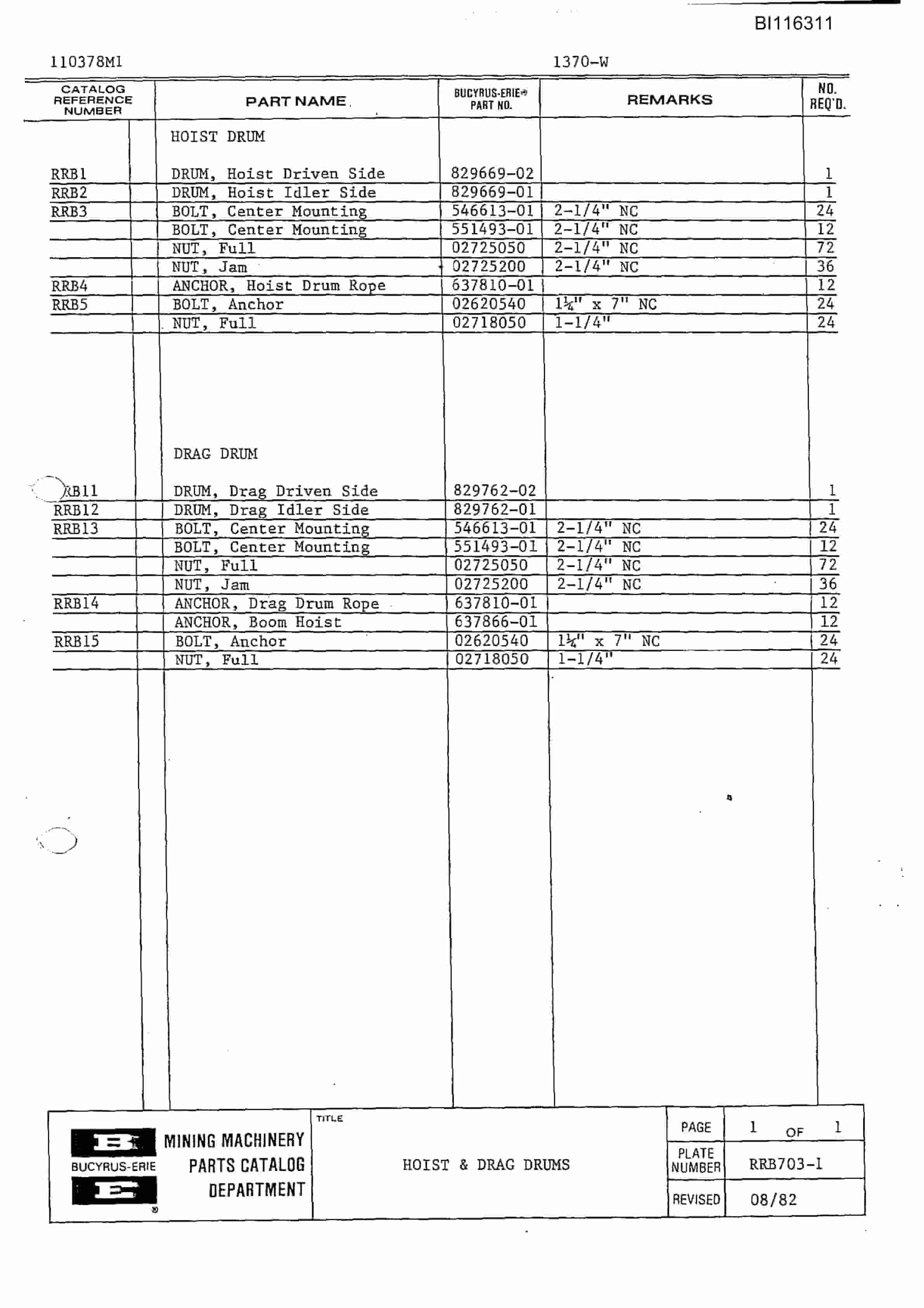 Bucyrus 1370-W Dragline Heavy Lifts Parts Catalog BI116311-4
