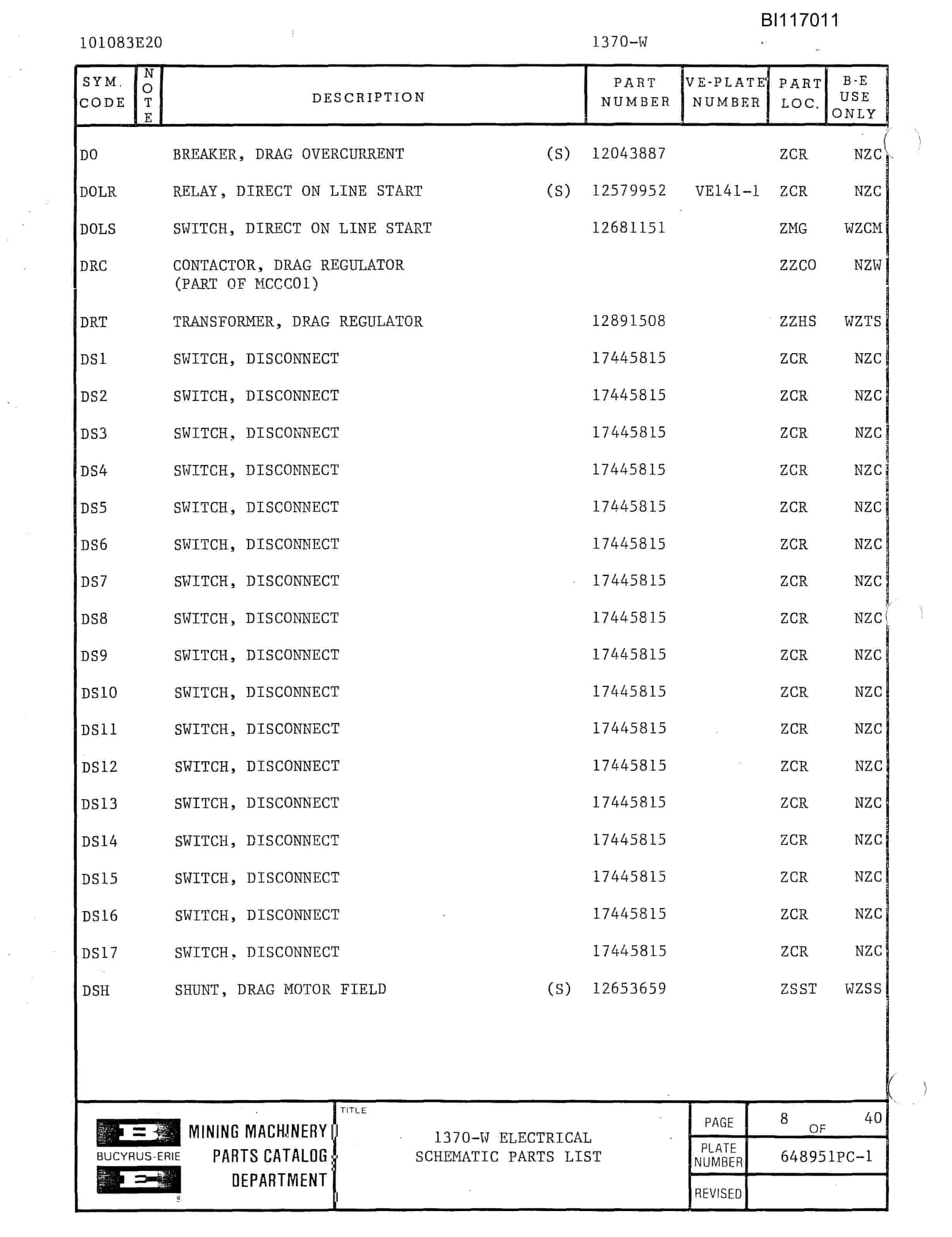 Bucyrus 1370-W Dragline Parts Catalog BI117011-3