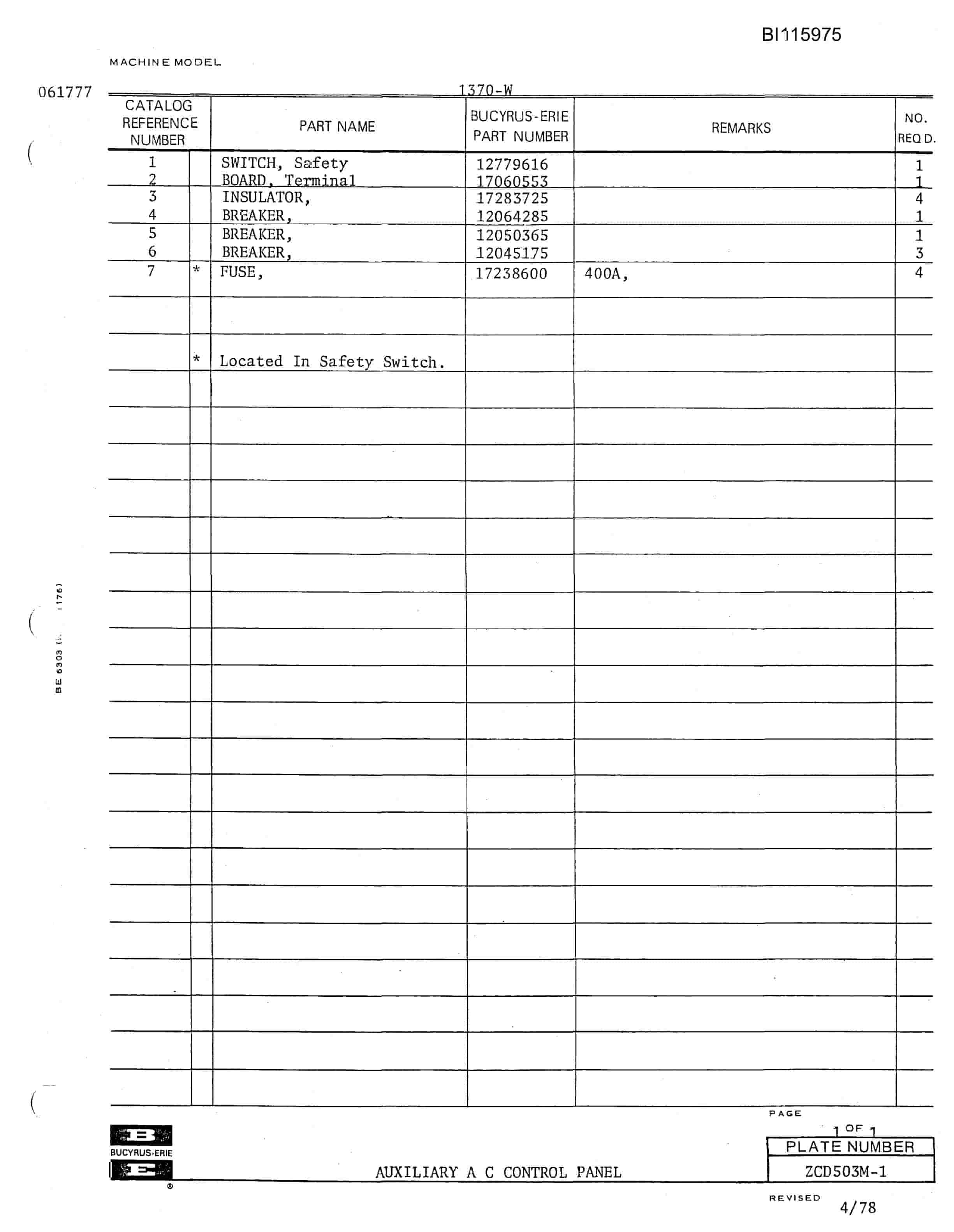 Bucyrus 1370-W Dragline Technical Manual BI115975-5