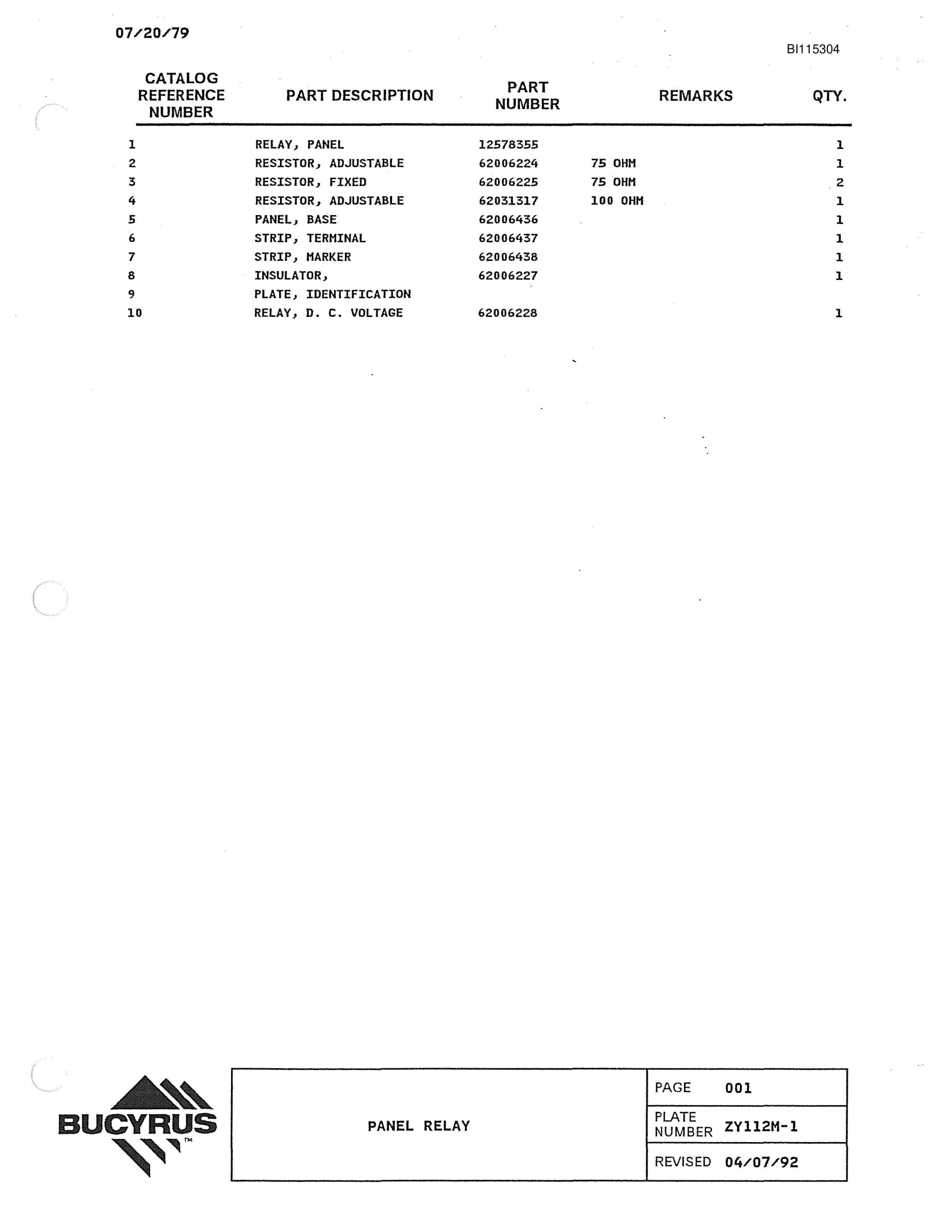 Bucyrus 1370W Walking Dragline Parts Catalog BI115304-5
